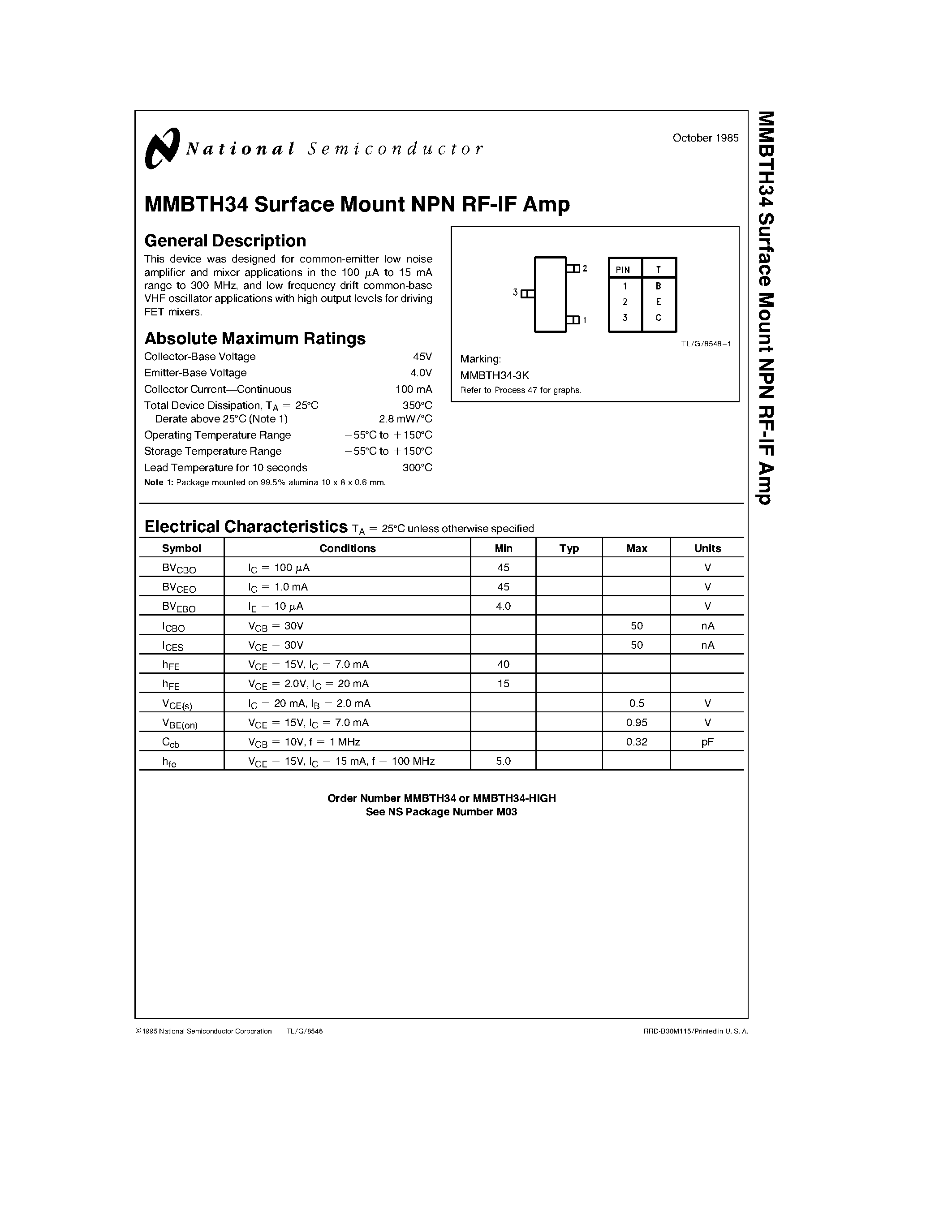 Даташит MMBTH34 - MMBTH34 Surface Mount NPN RF-IF Amp страница 1
