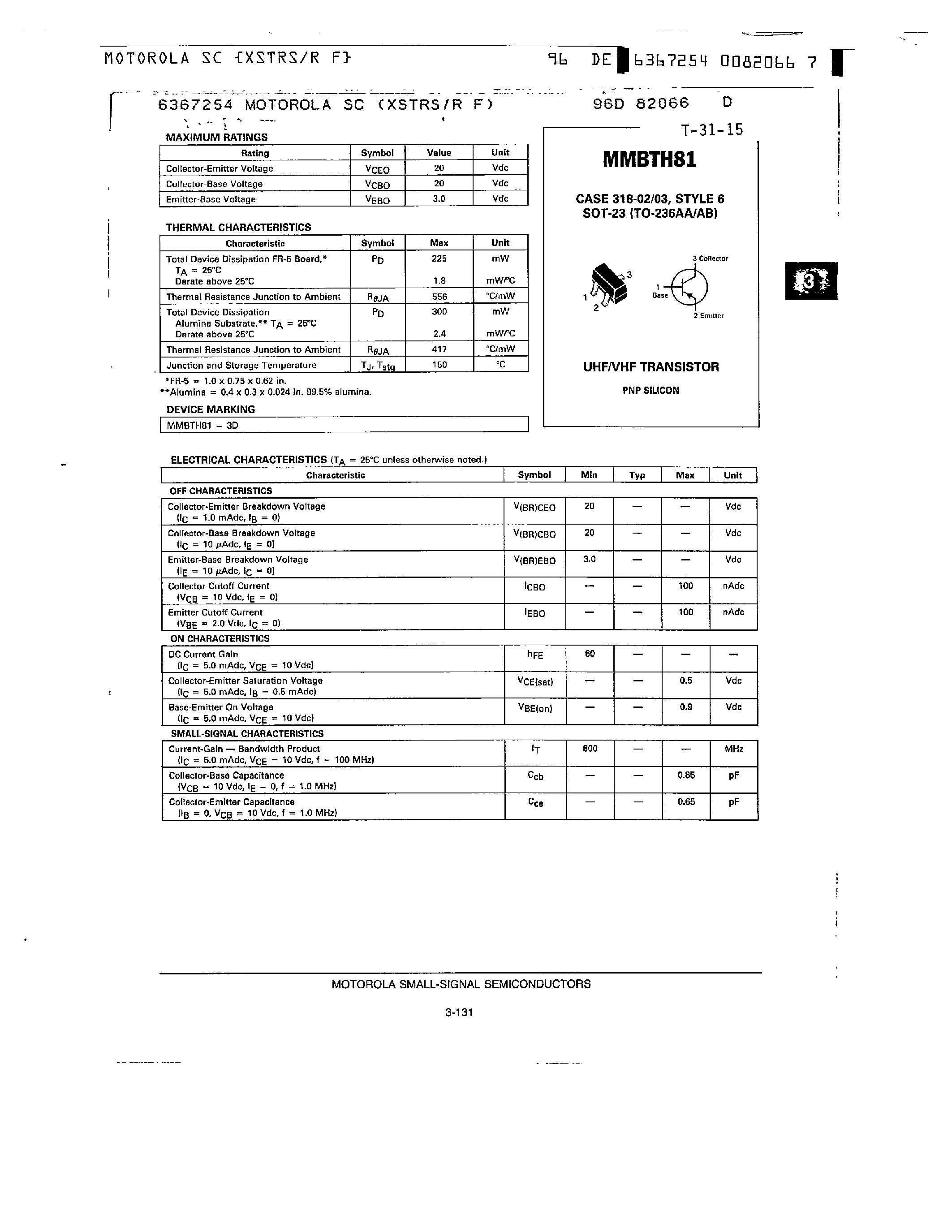 Даташит на микросхему MMBTH81 страница 1 Даташит MMBTH81 - UHF/VHF TRANSISTOR PMP SILICON страница 1