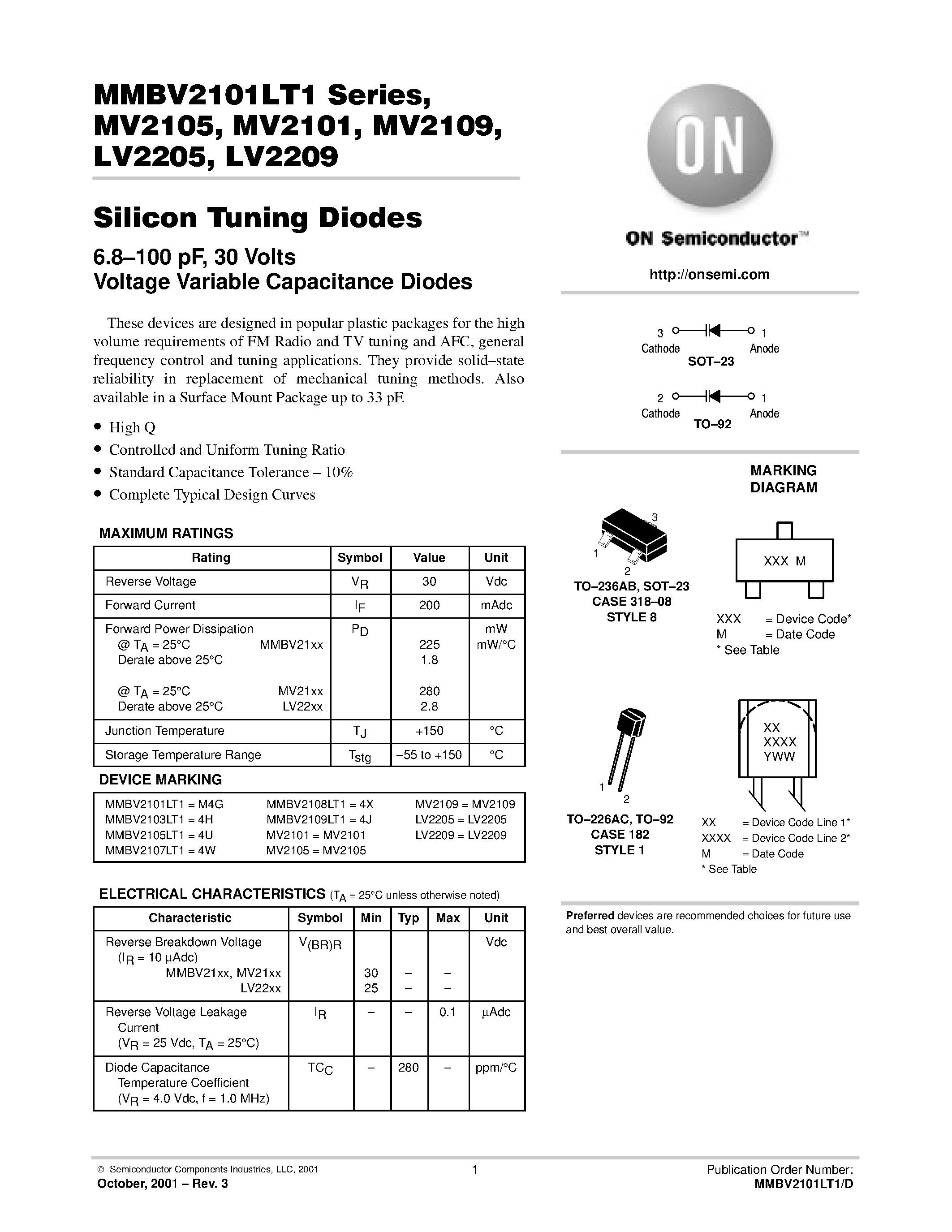 Даташит на микросхему MMBV2107LT1 страница 1 Даташит MMBV2107LT1 - Silicon Tuning Diodes страница 1