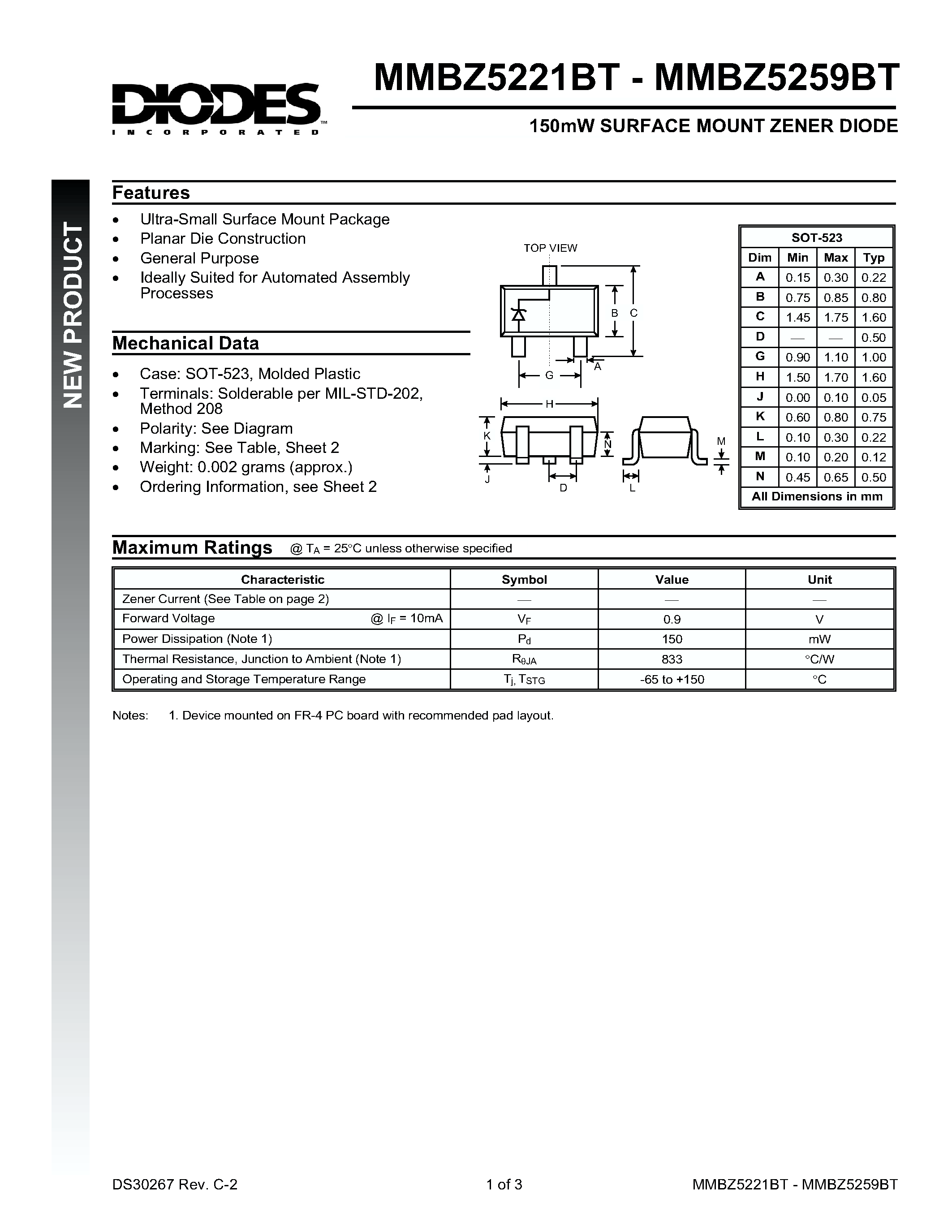 Даташит на микросхему MMBZ5227BT страница 1 Даташит MMBZ5227BT - 150mW SURFACE MOUNT ZENER DIODE страница 1