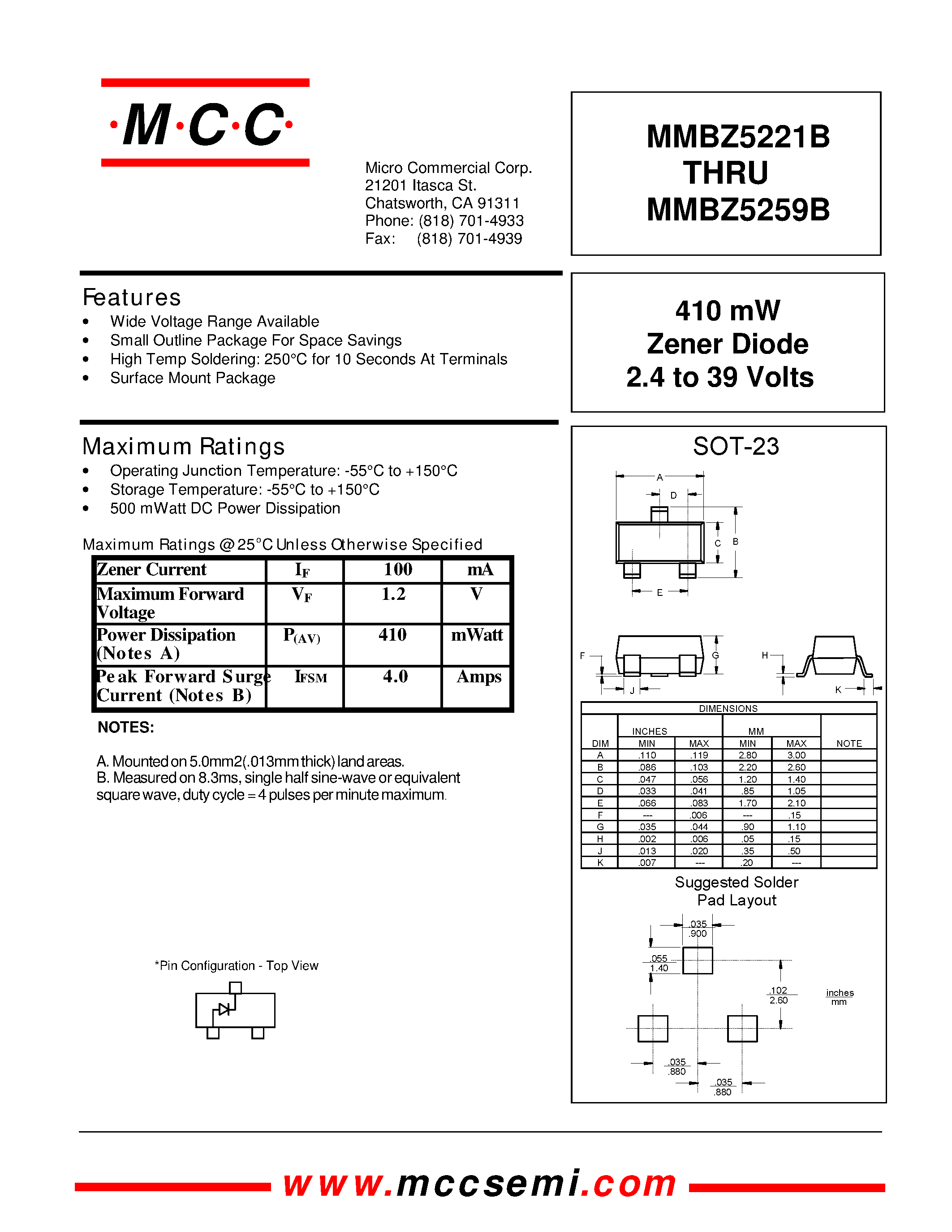 Даташит MMBZ5234B - 410 mW Zener Diode 2.4 to 39 Volts страница 1