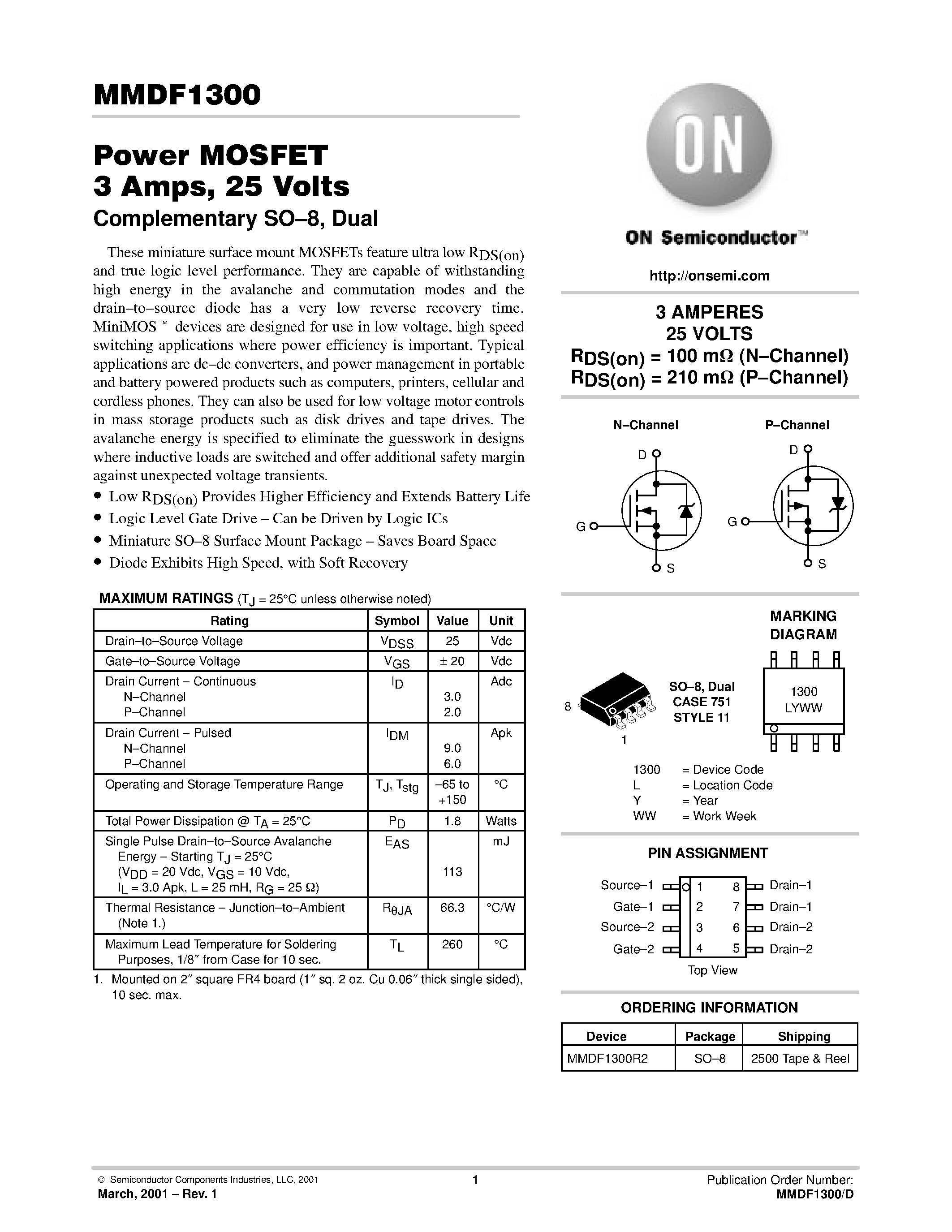 Даташит MMDF1300 - Power MOSFET 3 Amps / 25 Volts страница 1