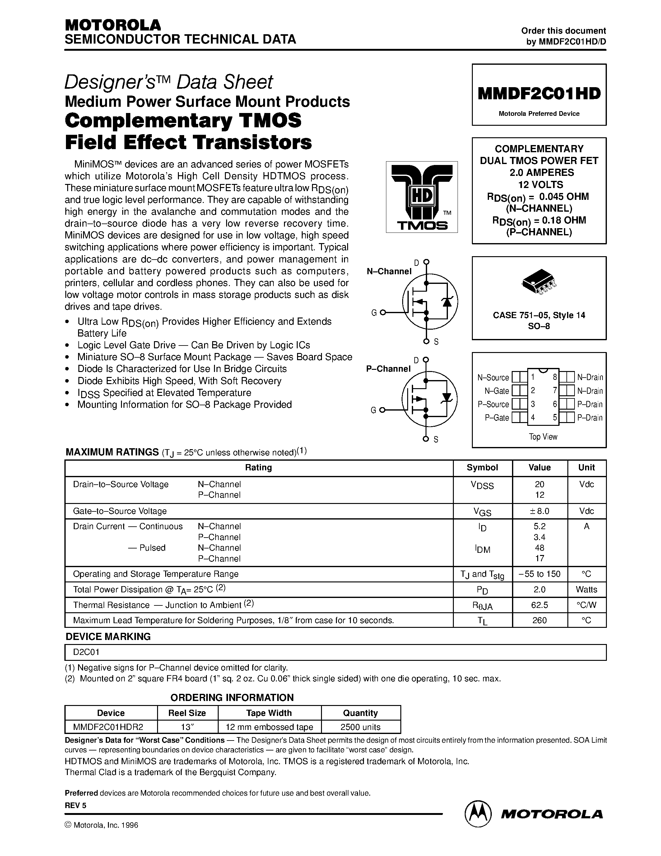 Datasheet MMDF2C01HD - COMPLEMENTARY DUAL TMOS POWER FET 2.0 AMPERES 12 VOLTS page 1