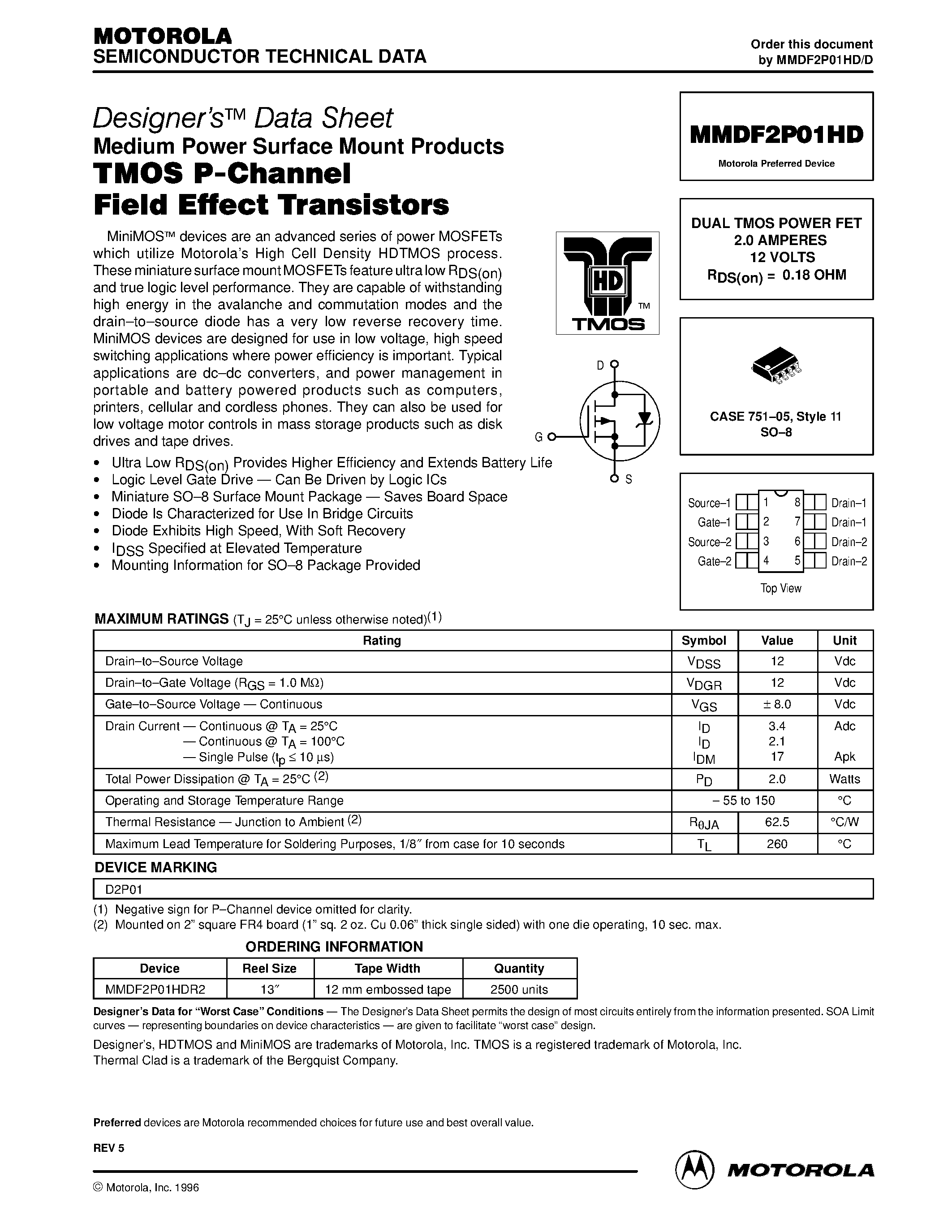 Datasheet MMDF2P01HD - DUAL TMOS POWER FET 2.0 AMPERES 12 VOLTS page 1