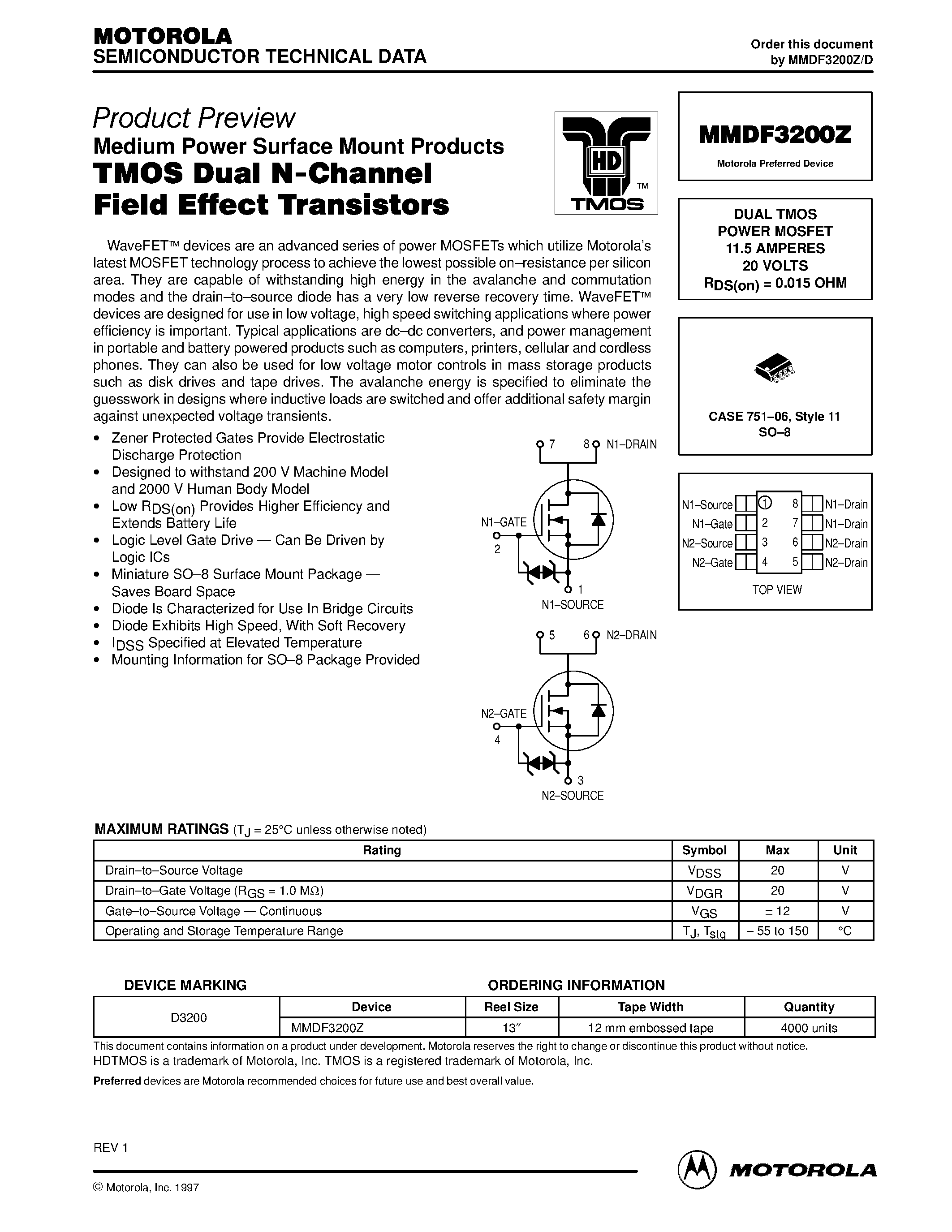 Даташит MMDF3200Z - DUAL TMOS POWER MOSFET 11.5 AMPERES 20 VOLTS страница 1