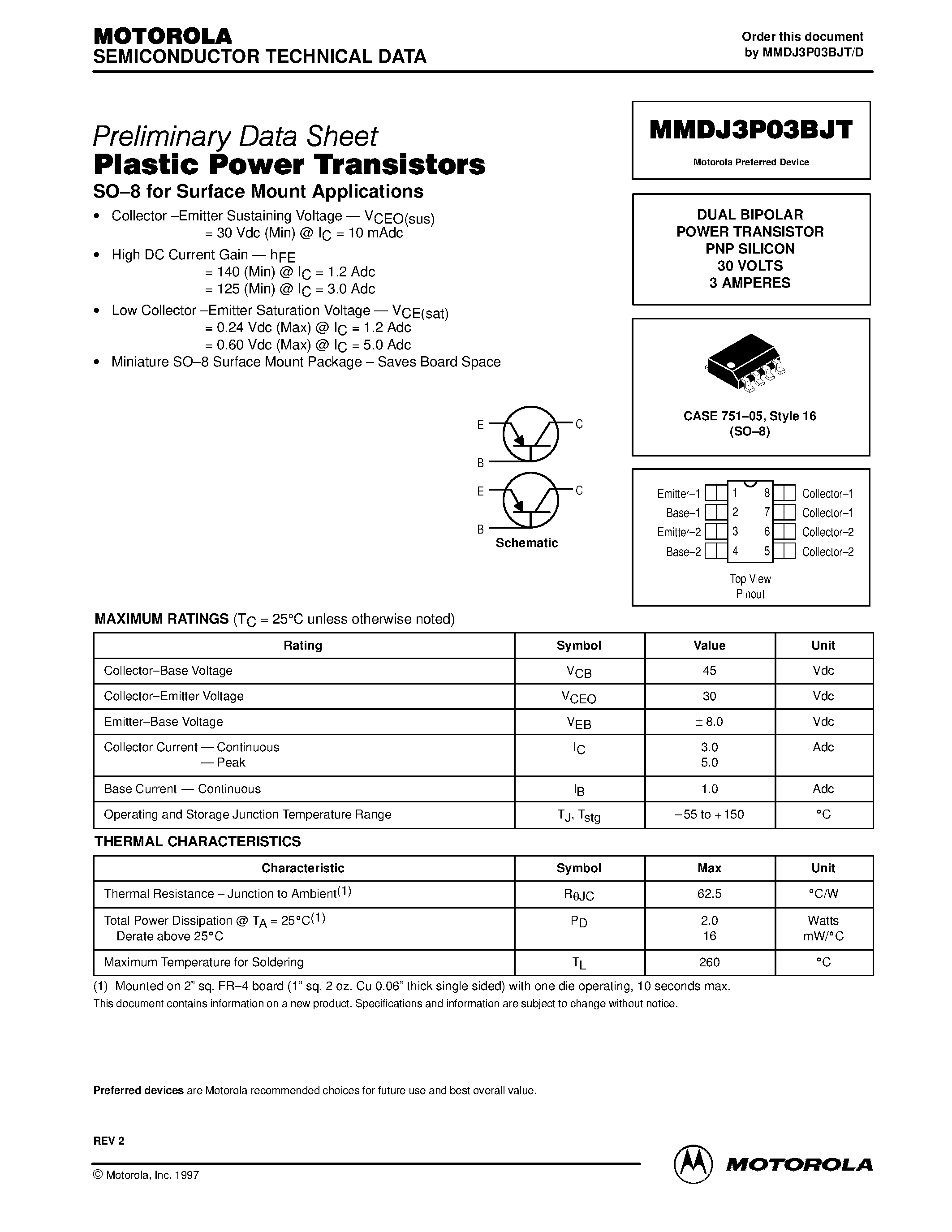 Datasheet MMDJ3P03BJT - DUAL BIPOLAR POWER TRANSISTOR PNP SILICON 30 VOLTS 3 AMPERES page 1