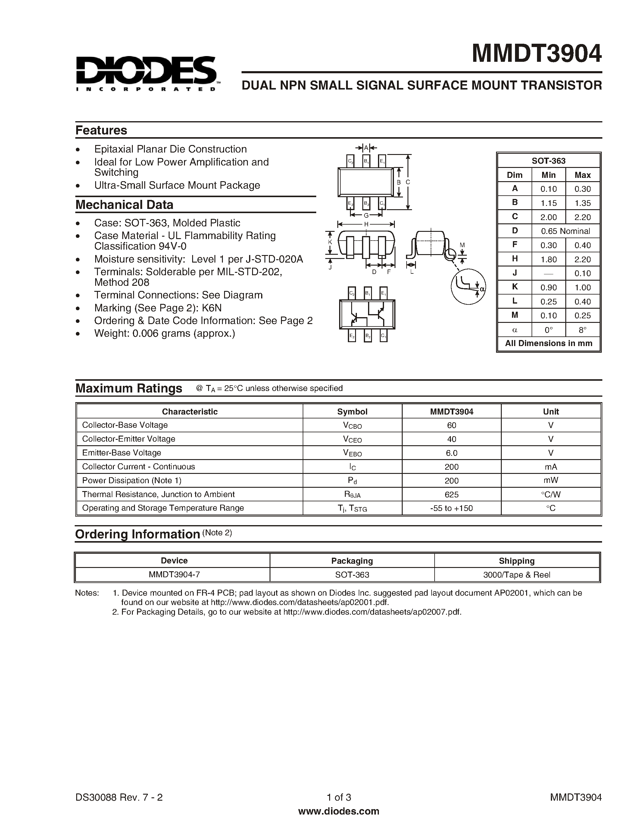 Даташит MMDT3904-7 - DUAL NPN SMALL SIGNAL SURFACE MOUNT TRANSISTOR страница 1