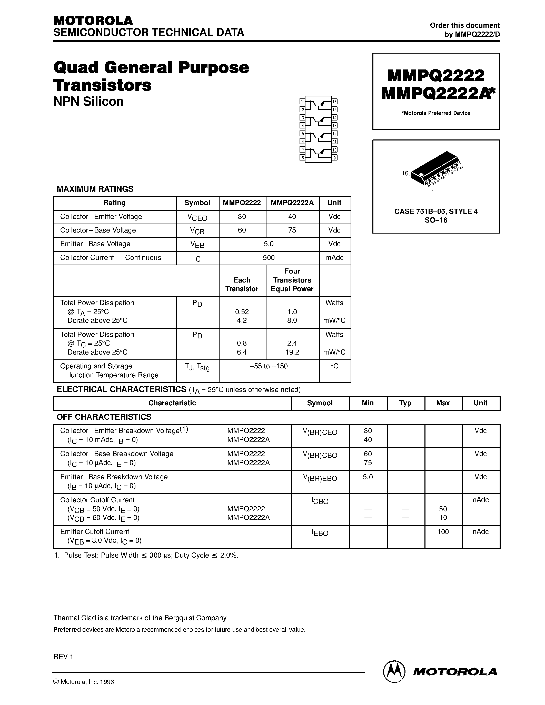 Datasheet MMPQ2222 - Quad General Purpose Transistors page 1