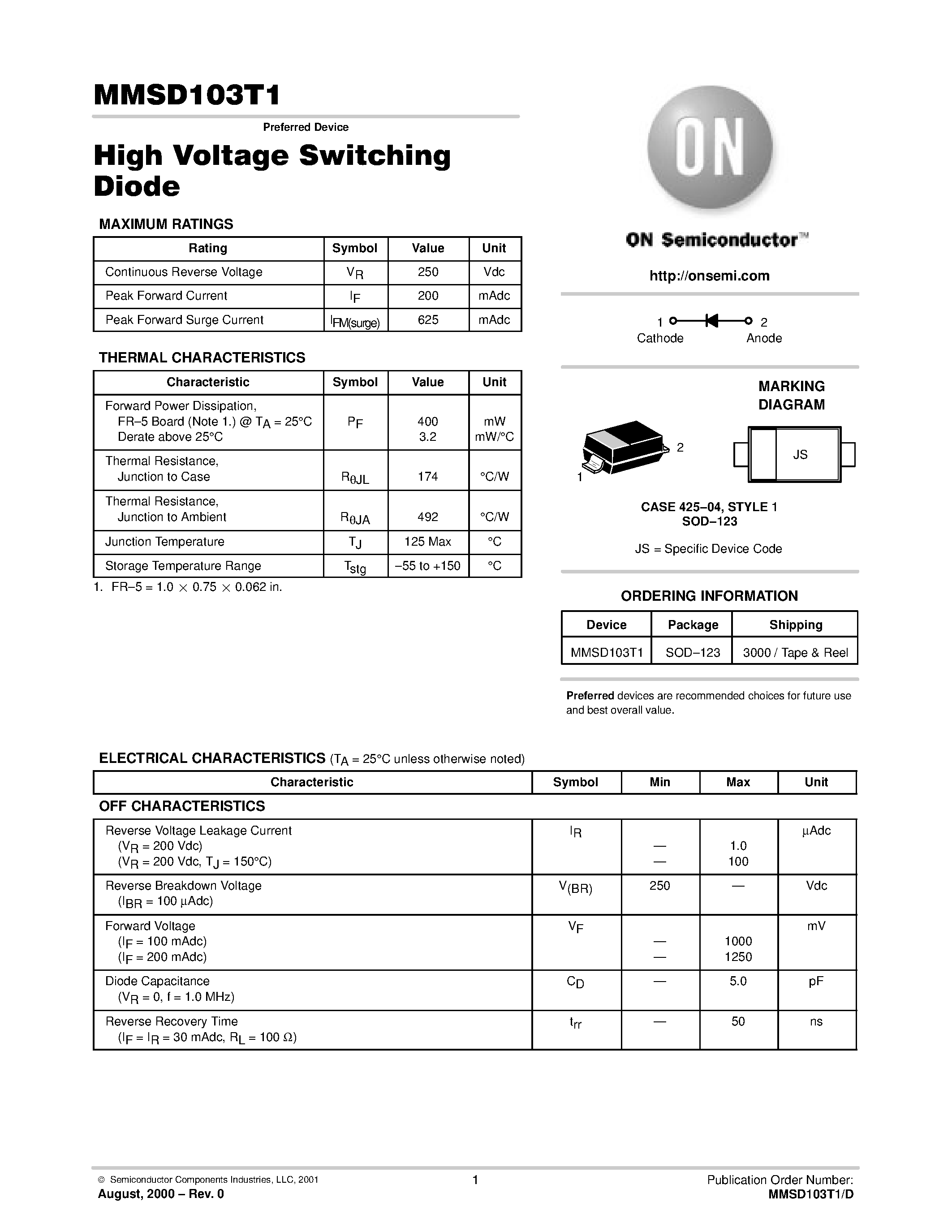 Datasheet MMSD103T1 page 1 Datasheet MMSD103T1 - High Voltage Switching Diode page 1