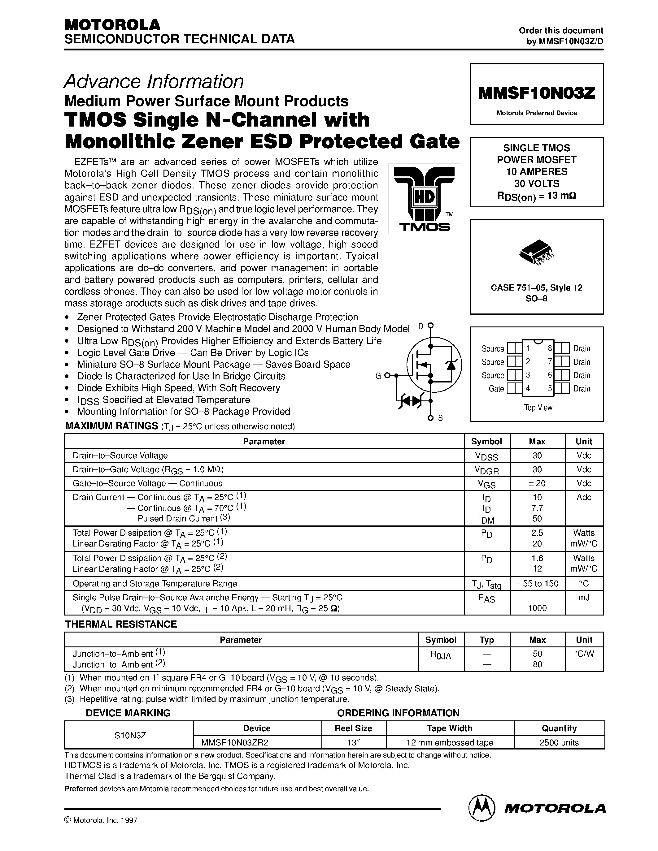 Datasheet MMSF10N03Z - SINGLE TMOS POWER MOSFET 10 AMPERES 30 VOLTS page 1