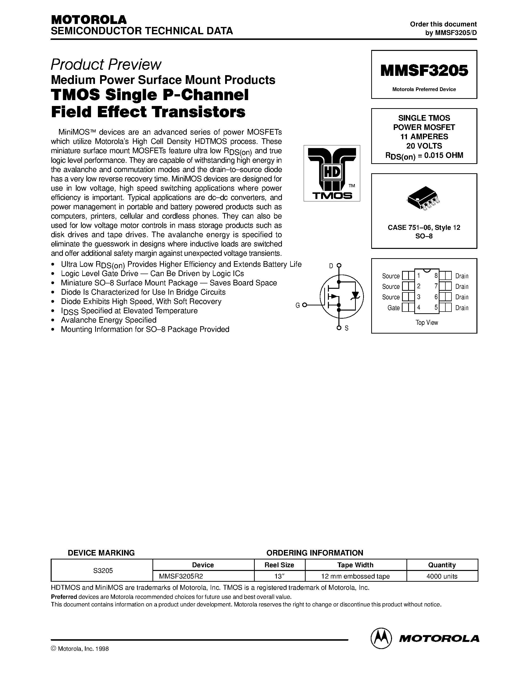 Datasheet MMSF3205 - SINGLE TMOS POWER MOSFET 11 AMPERES 20 VOLTS page 1