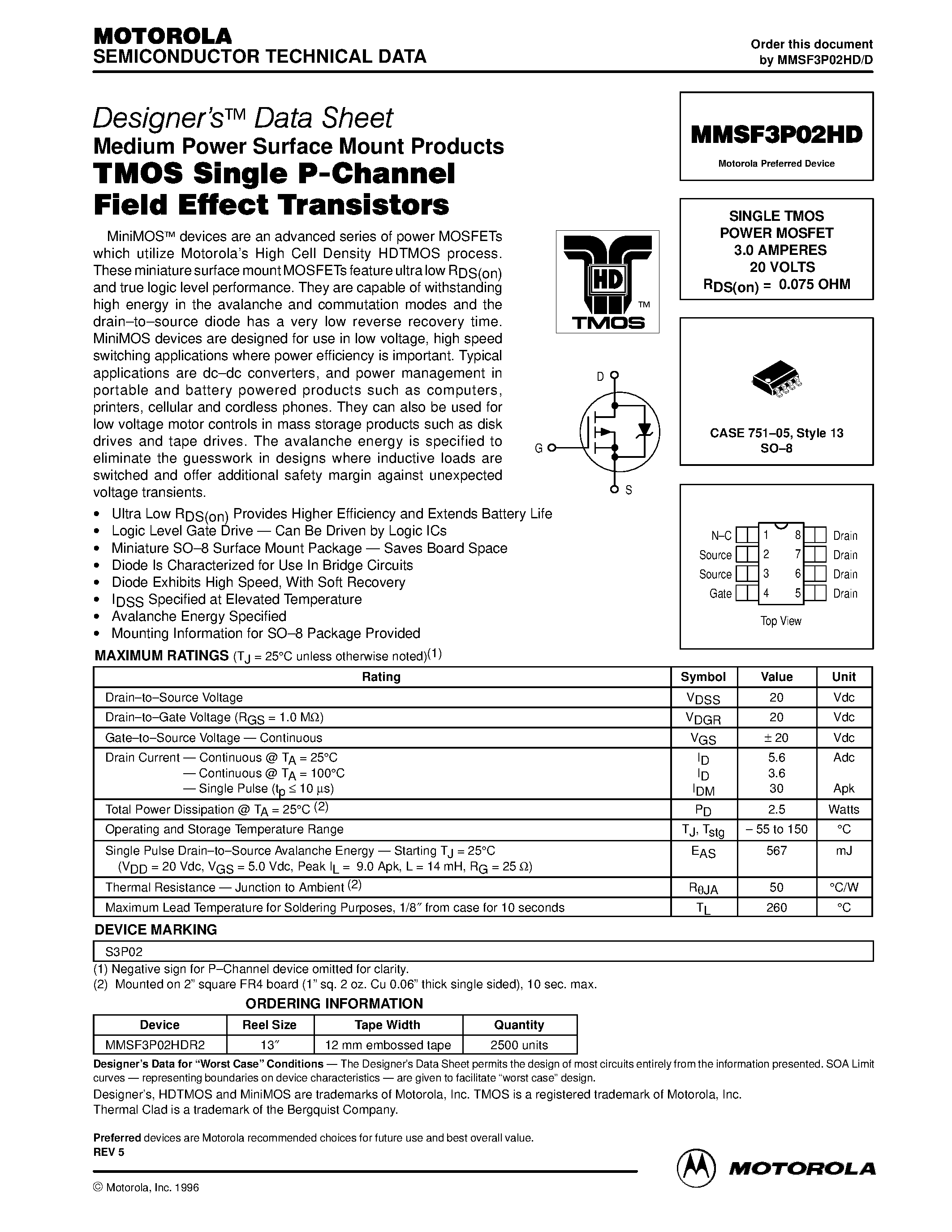 Даташит MMSF3P02HD - SINGLE TMOS POWER MOSFET 3.0 AMPERES 20 VOLTS страница 1