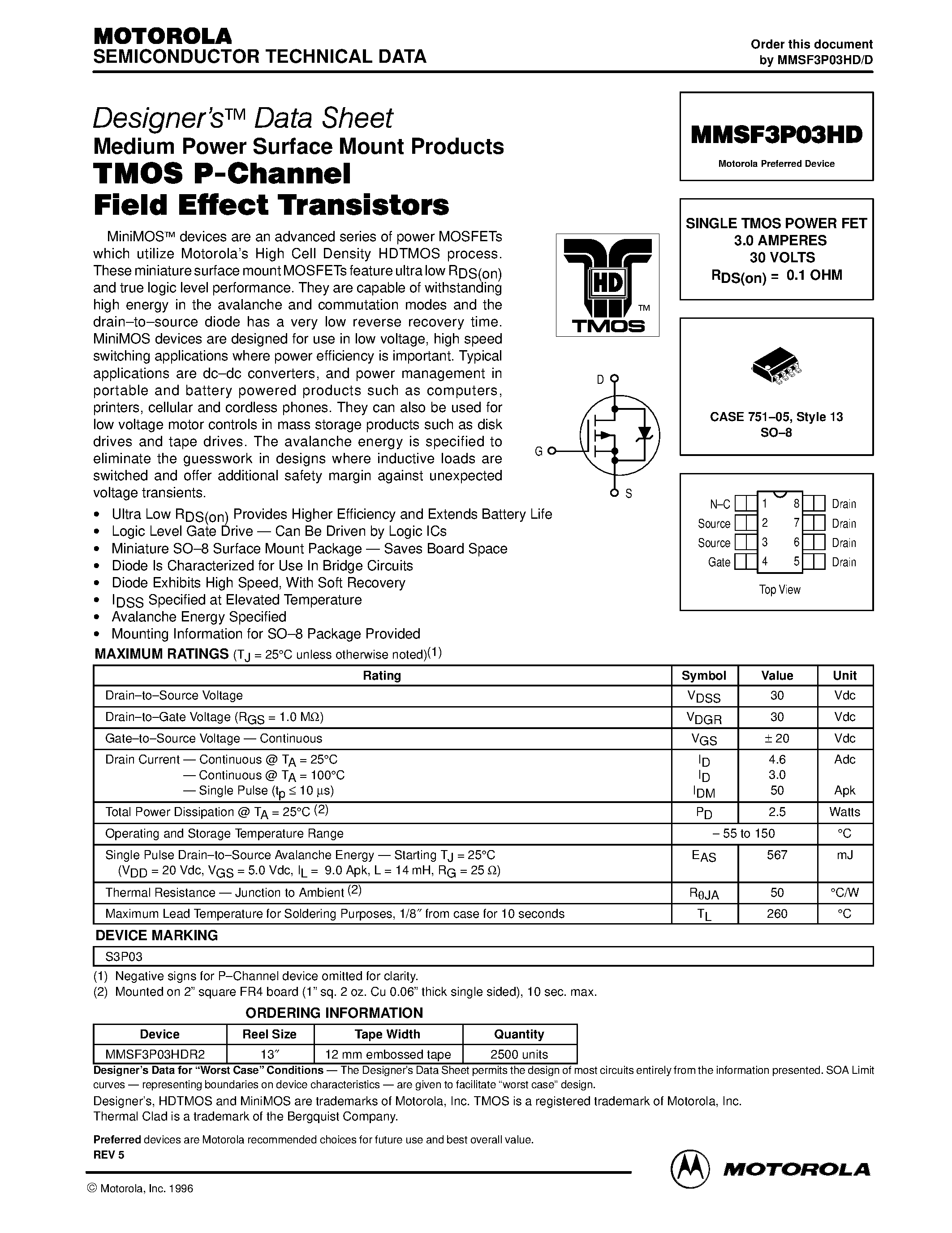 Даташит MMSF3P03HD - SINGLE TMOS POWER FET 3.0 AMPERES 30 VOLTS страница 1