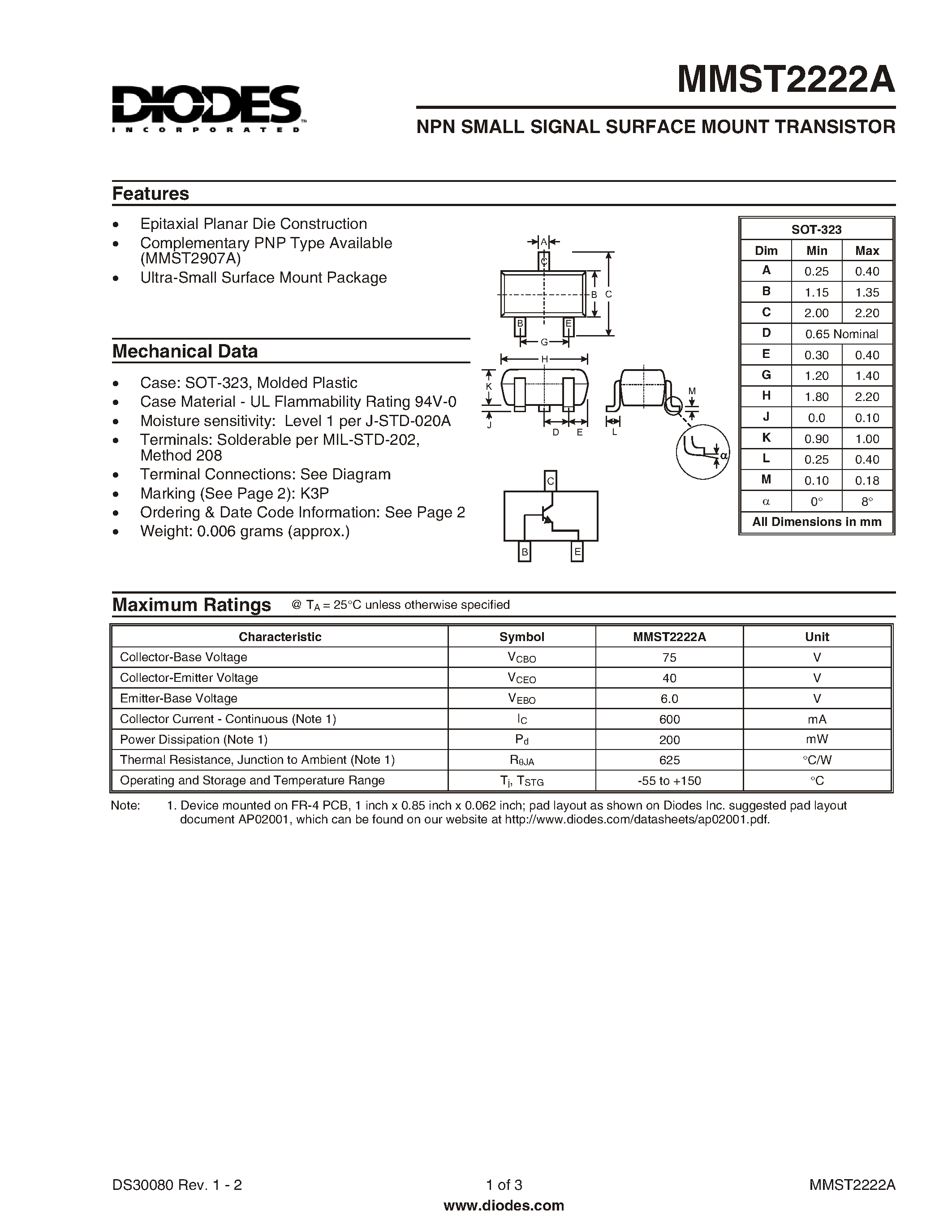 Datasheet MMST2222A-7 - PNP SMALL SIGNAL SURFACE MOUNT TRANSISTOR page 1