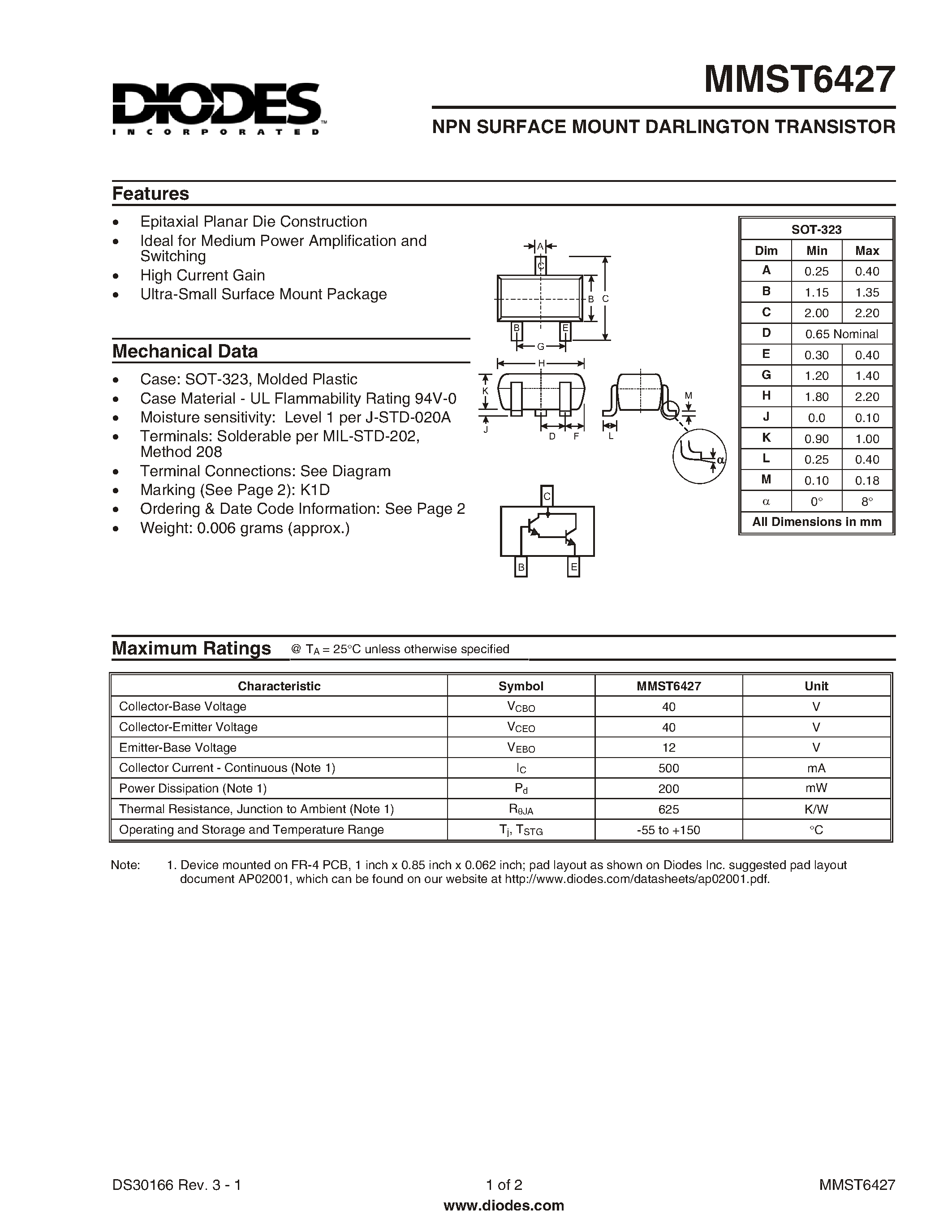 Даташит на микросхему MMST6427-7 страница 1 Даташит MMST6427-7 - NPN SURFACE MOUNT DARLINGTON TRANSISTOR страница 1