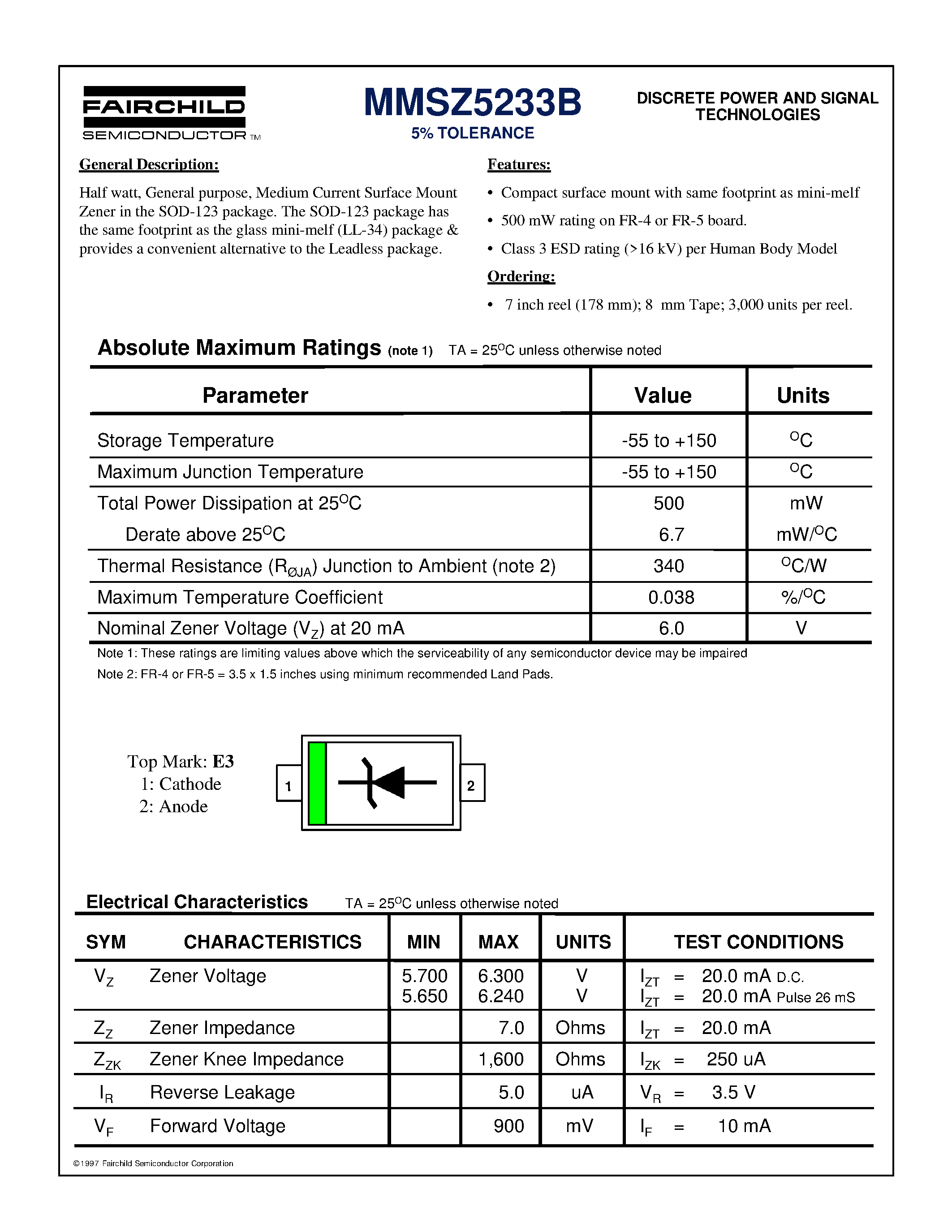 Datasheet MMSZ5233B - 5% TOLERANCE page 1