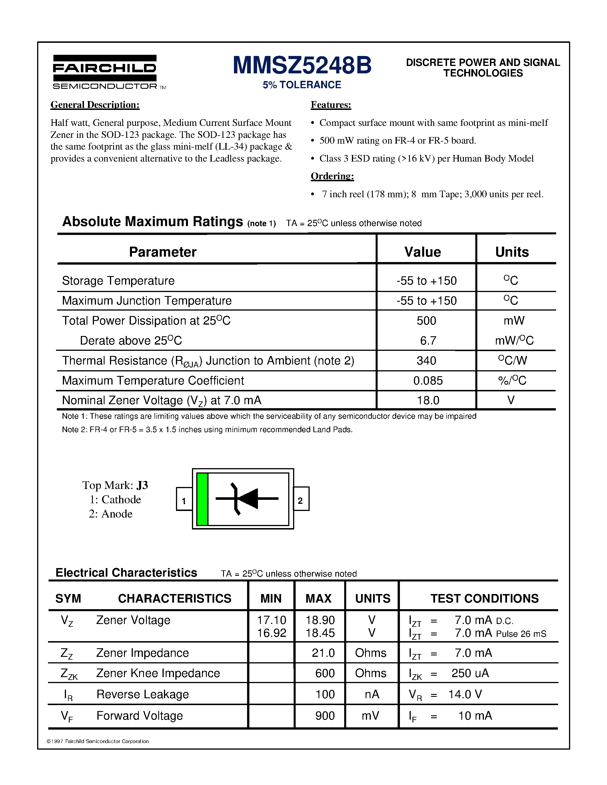 Datasheet MMSZ5248B - 5% TOLERANCE page 1