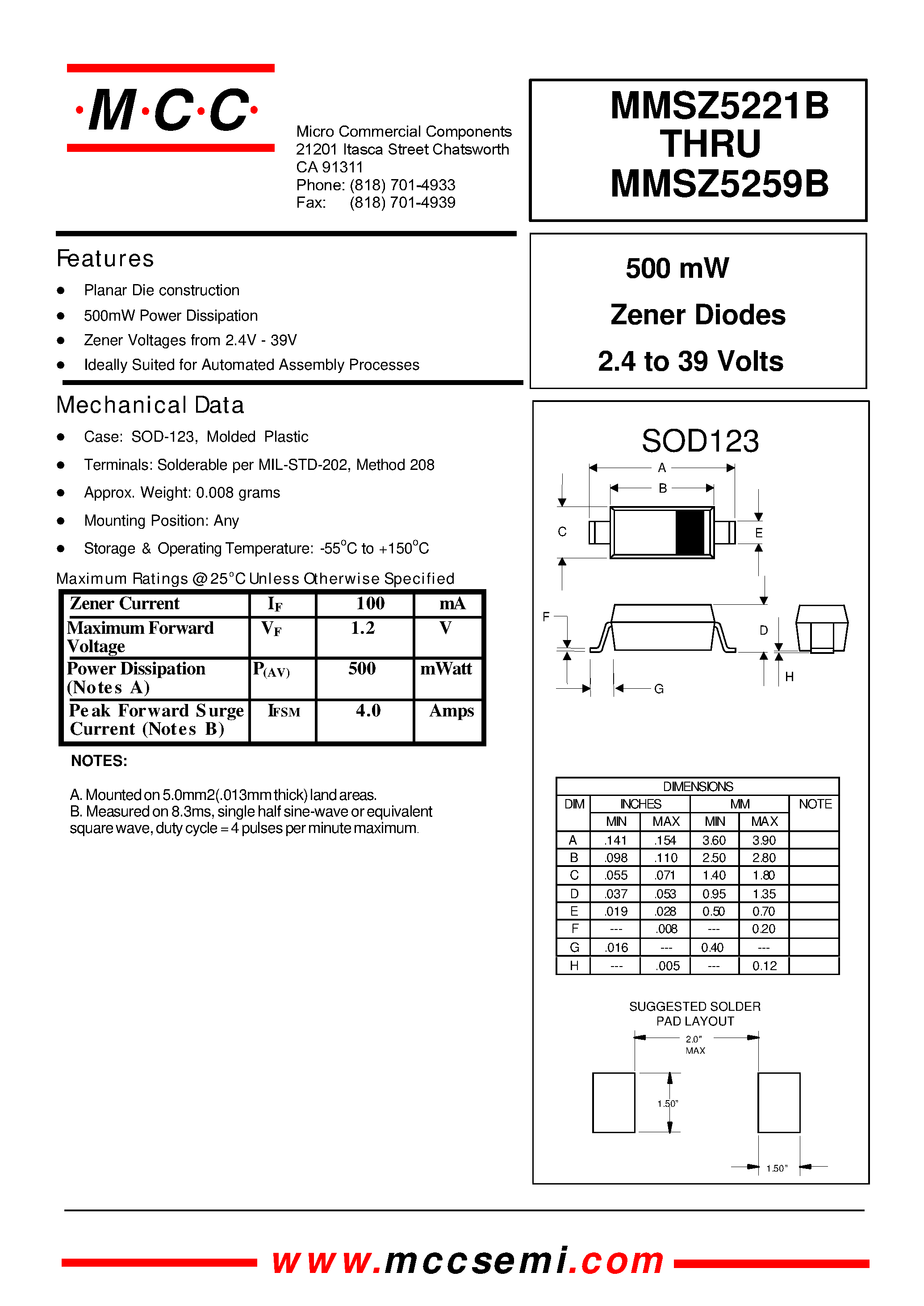 Datasheet MMSZ5254B - 500 mW Zener Diodes 2.4 to 39 Volts page 1