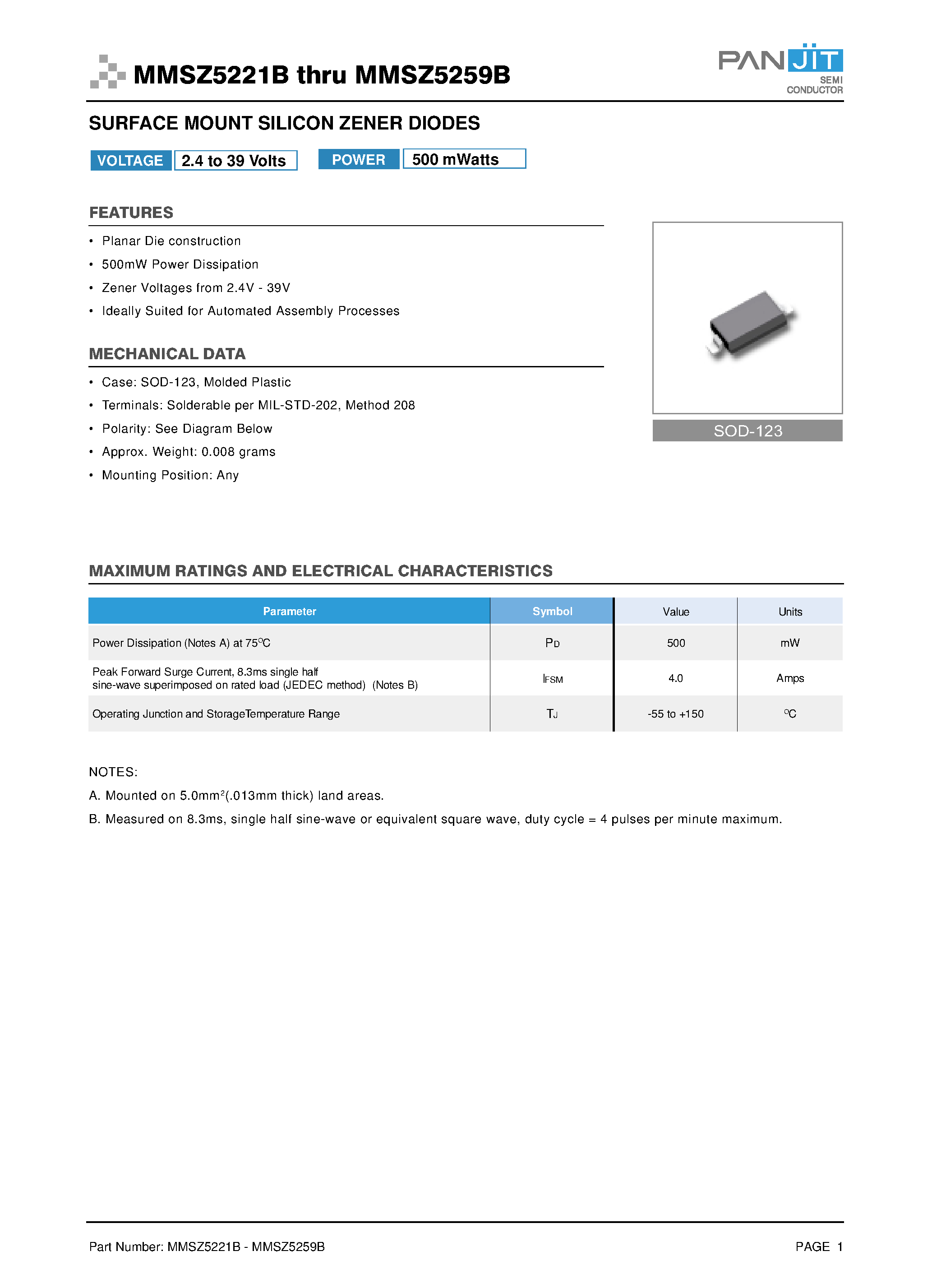 Даташит на микросхему MMSZ5257B страница 1 Даташит MMSZ5257B - SURFACE MOUNT SILICON ZENER DIODES страница 1