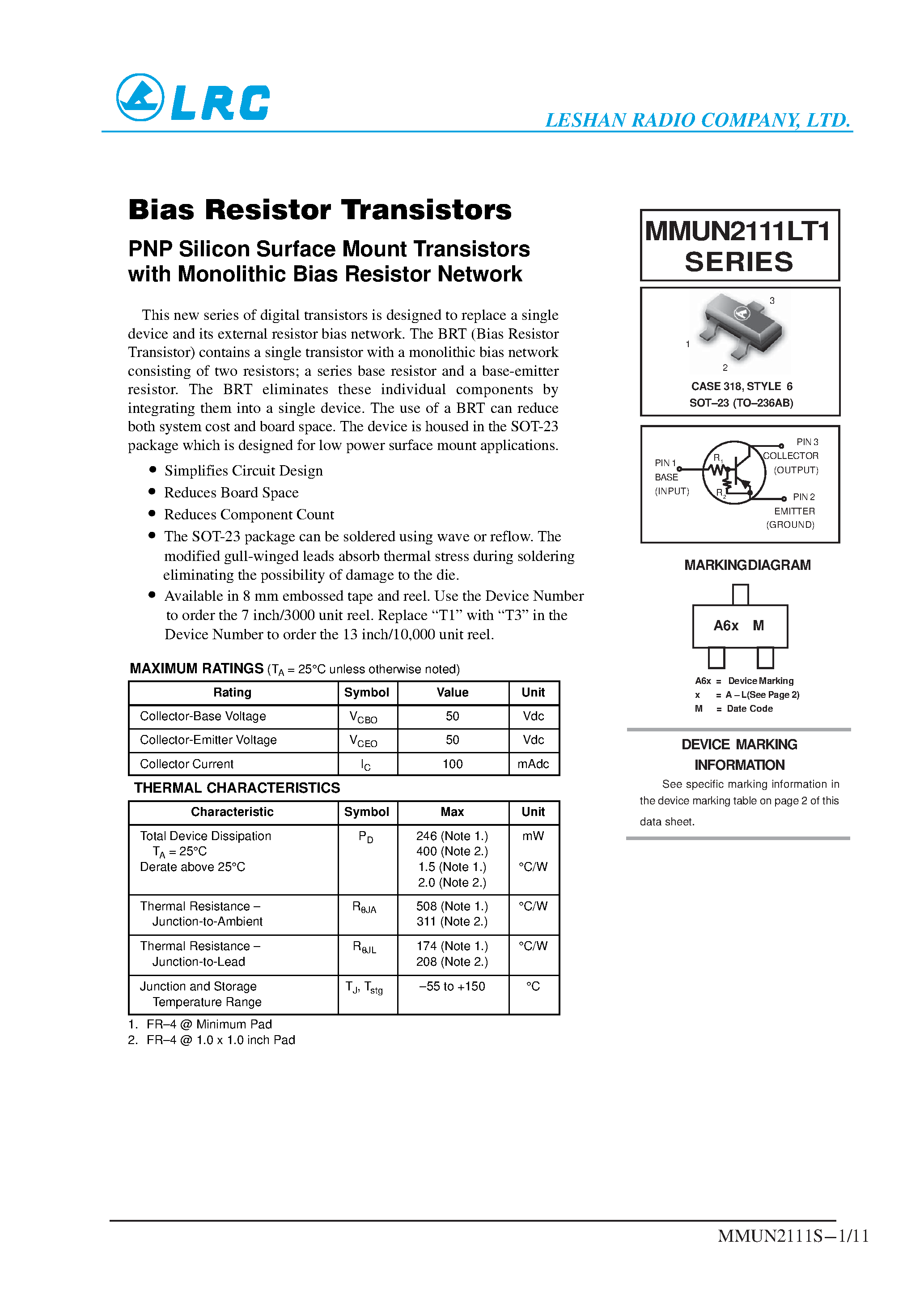 Datasheet MMUN2114LT3 page 1 Datasheet MMUN2114LT3 - Bias Resistor Transistors page 1