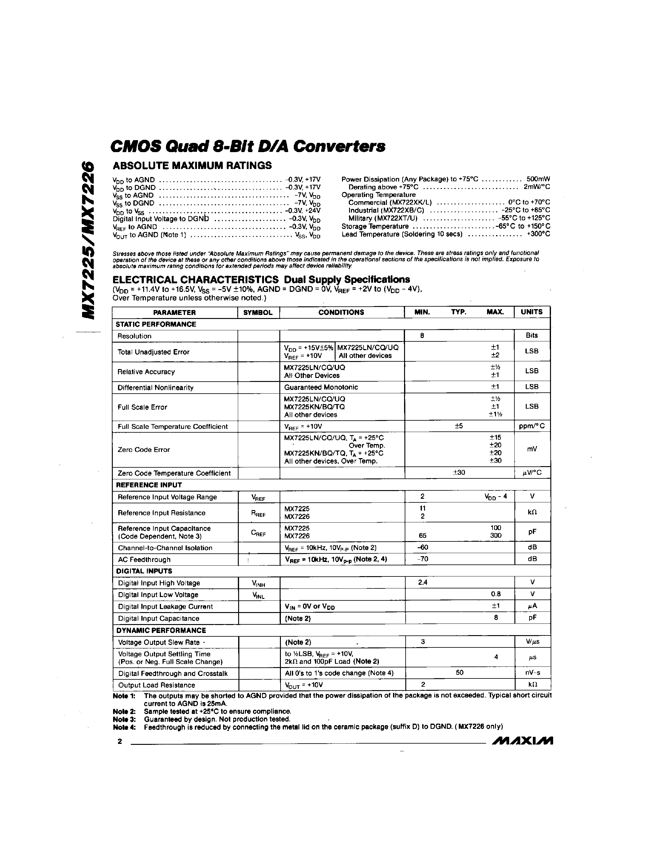 Даташит MX7226K - CMOS Quad 8-Bit D/A Converters страница 2