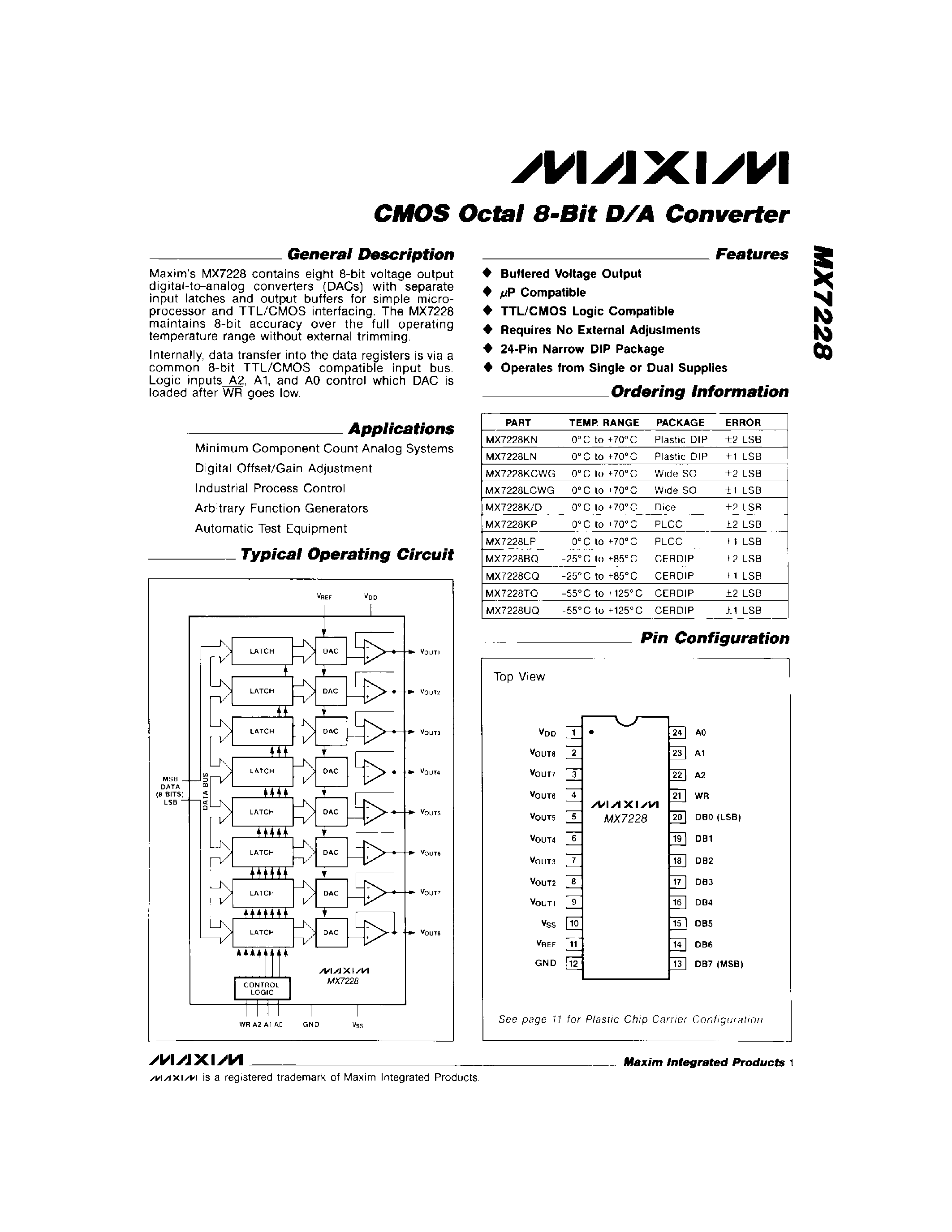 Даташит MX7228 - CMOS Octal 8-Bit D/A Converter страница 1