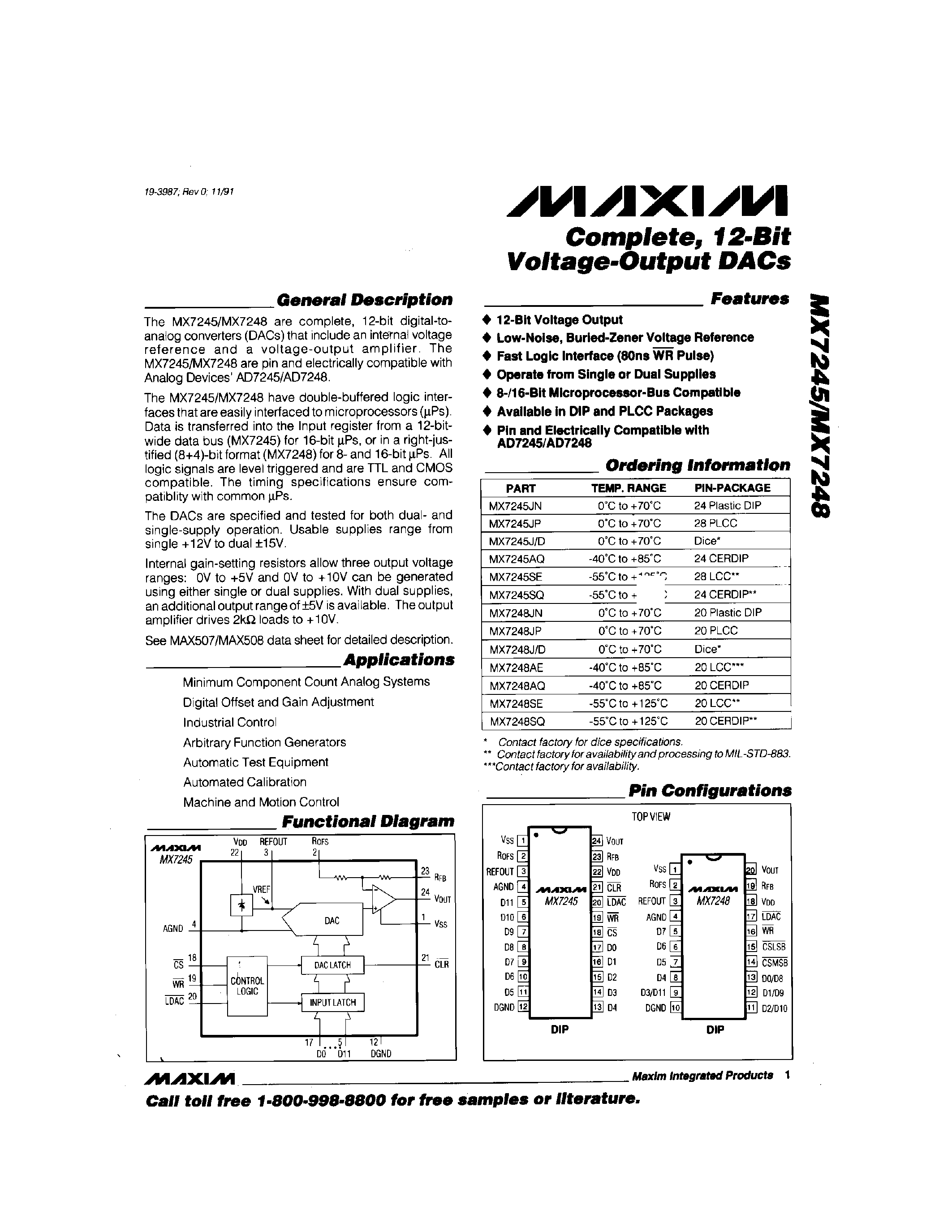 Даташит MX7245 - Complete / 12-Bit Voltage-Output DACs страница 1