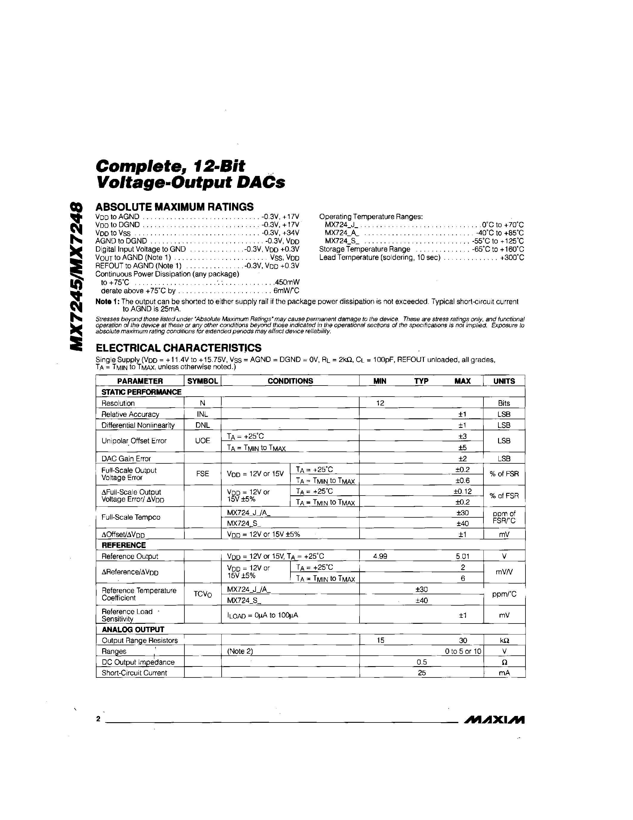 Даташит MX7248 - Complete / 12-Bit Voltage-Output DACs страница 2