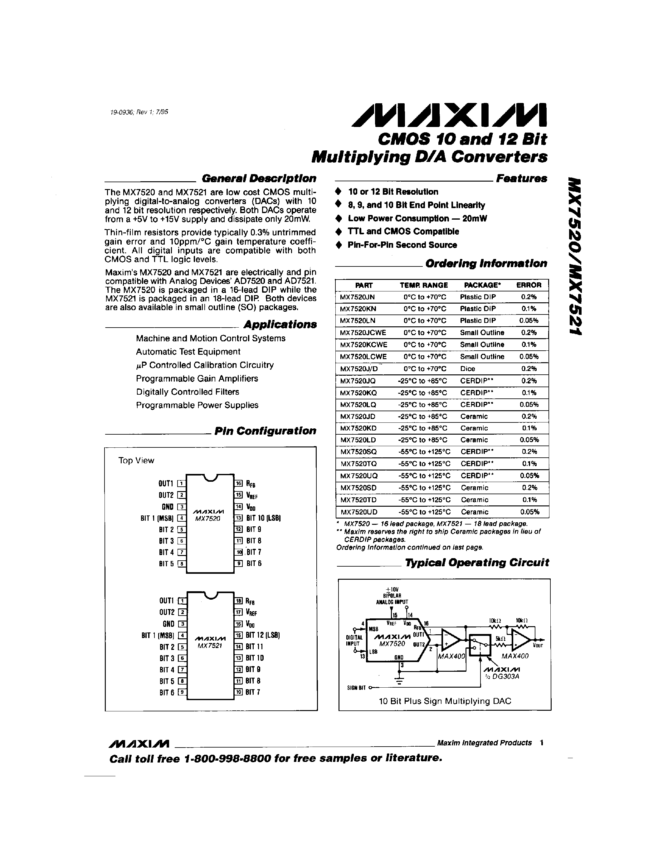 Даташит MX7520SQ - CMOS 10 and 12 Bit Multiplying D/A Converters страница 1