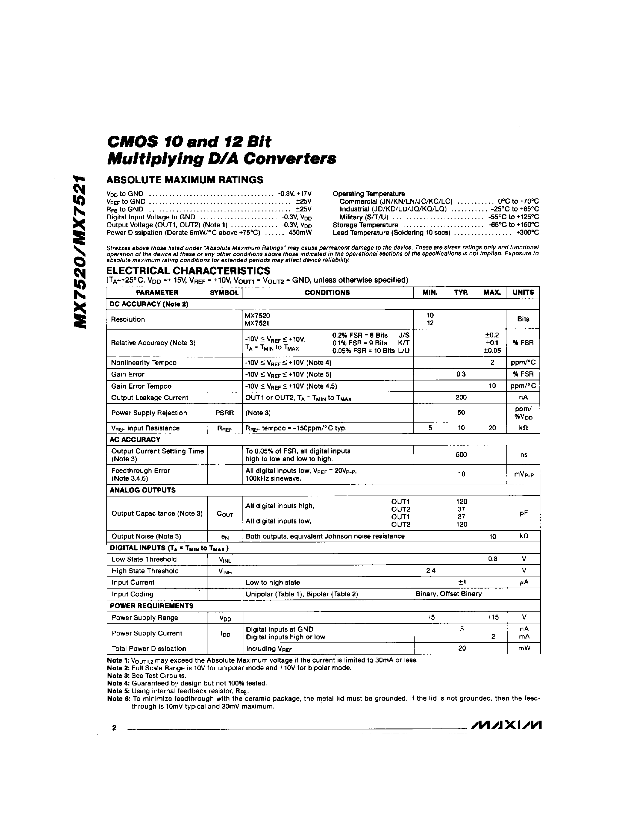 Datasheet MX7521J/D page 2 Datasheet MX7521J/D - CMOS 10 and 12 Bit Multiplying D/A Converters page 2