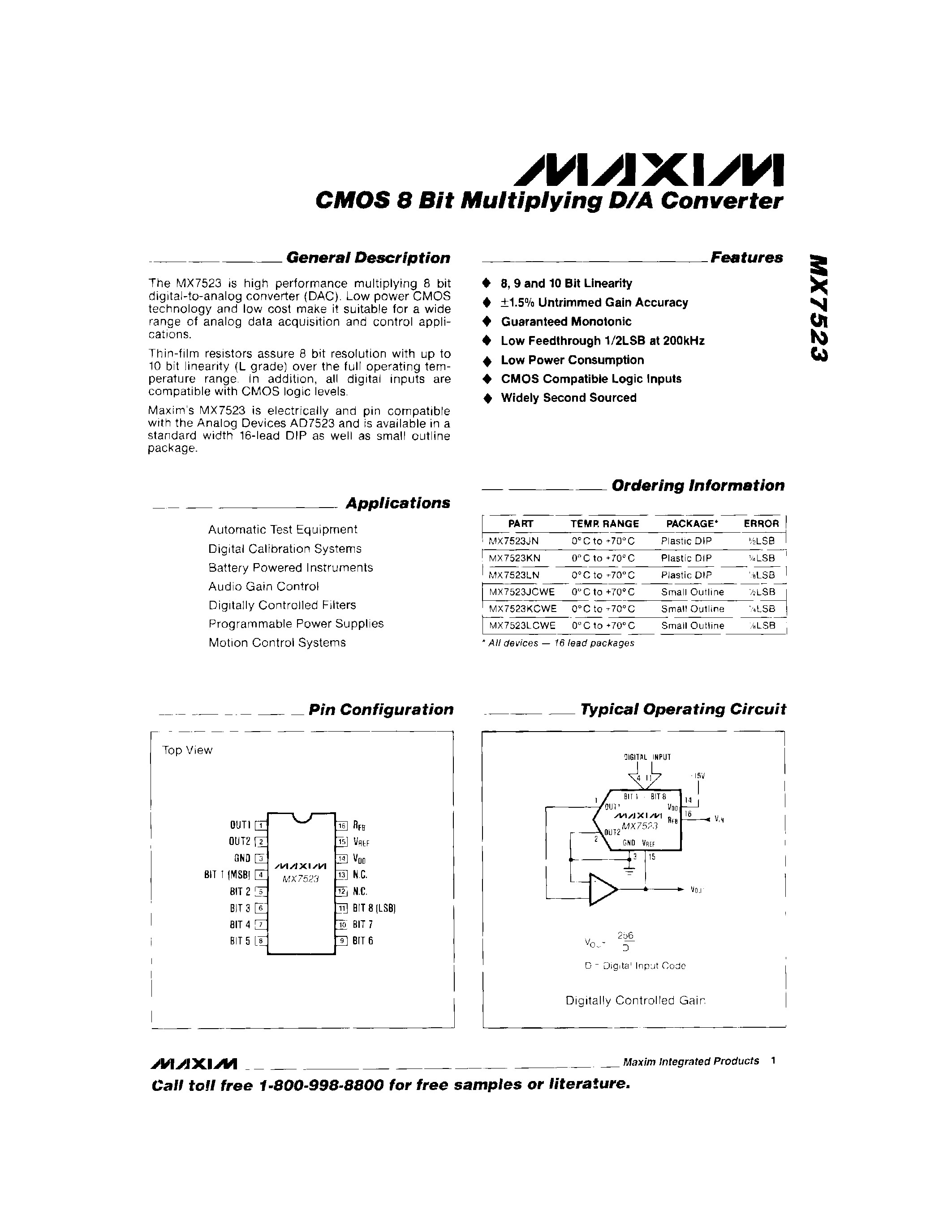 Даташит на микросхему MX7523 страница 1 Даташит MX7523 - CMOS 8Bit Multiplying D/a Converter страница 1