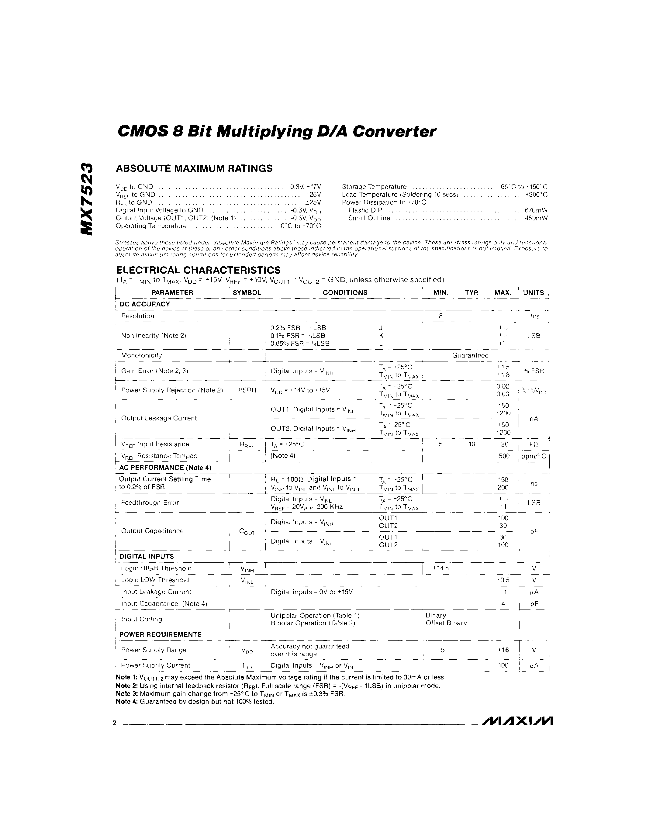 Даташит на микросхему MX7523 страница 2 Даташит MX7523 - CMOS 8Bit Multiplying D/a Converter страница 2
