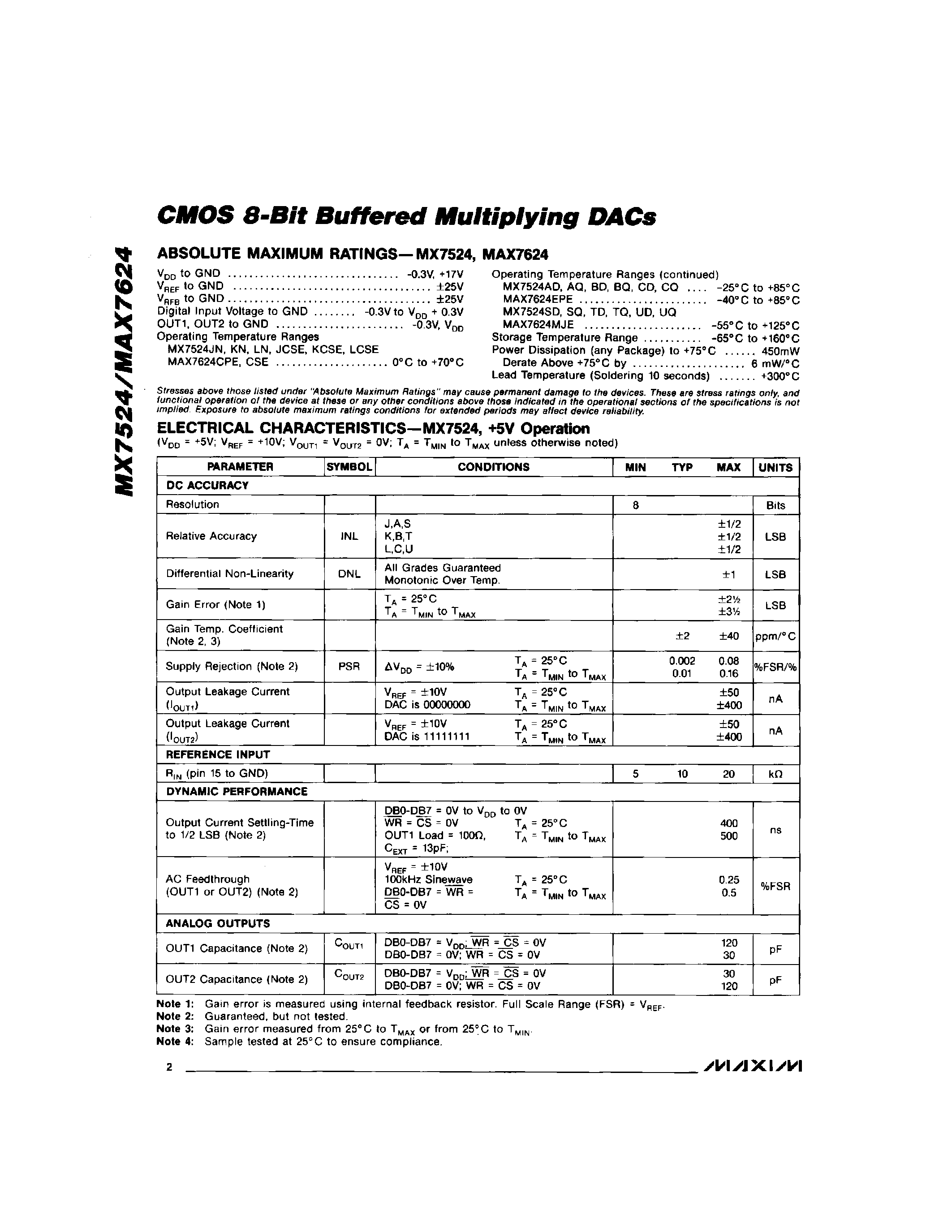 Даташит MX7524 - CMOS 8-Bit Buffered Multiplying DACs страница 2