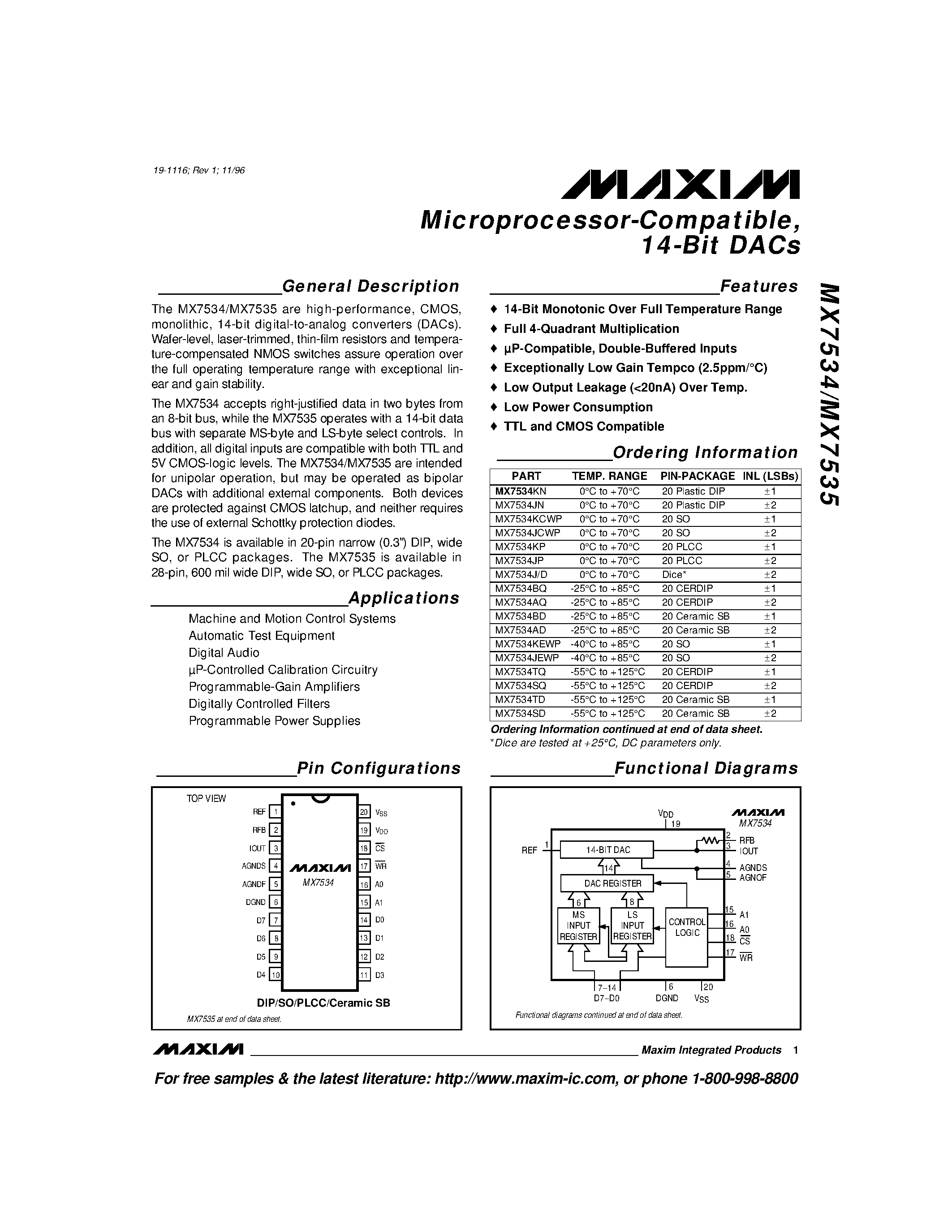 Даташит MX7534JP - Microprocessor-Compatible / 14-Bit DACs страница 1
