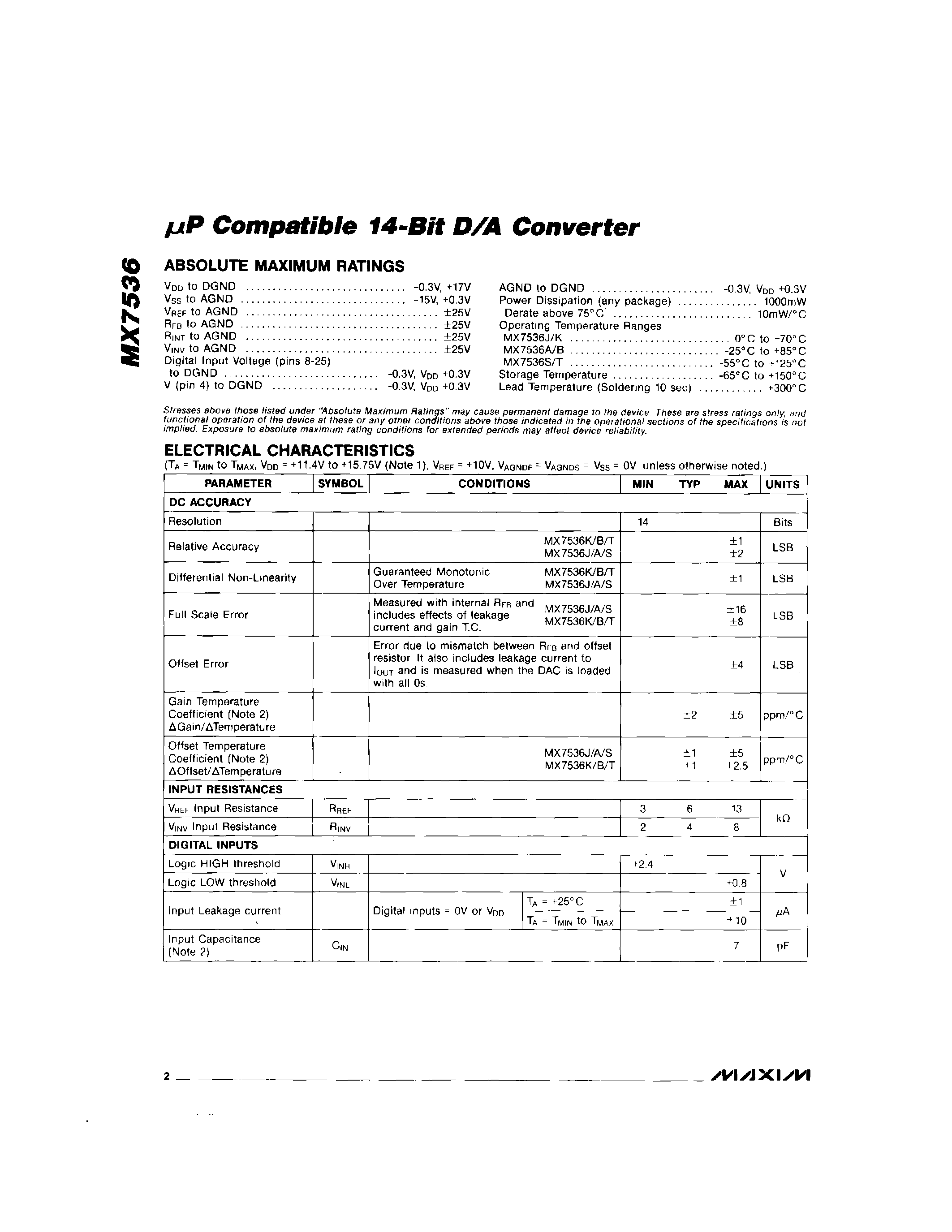 Даташит MX7536 - P Compatible 14-Bit D/A Converter страница 2