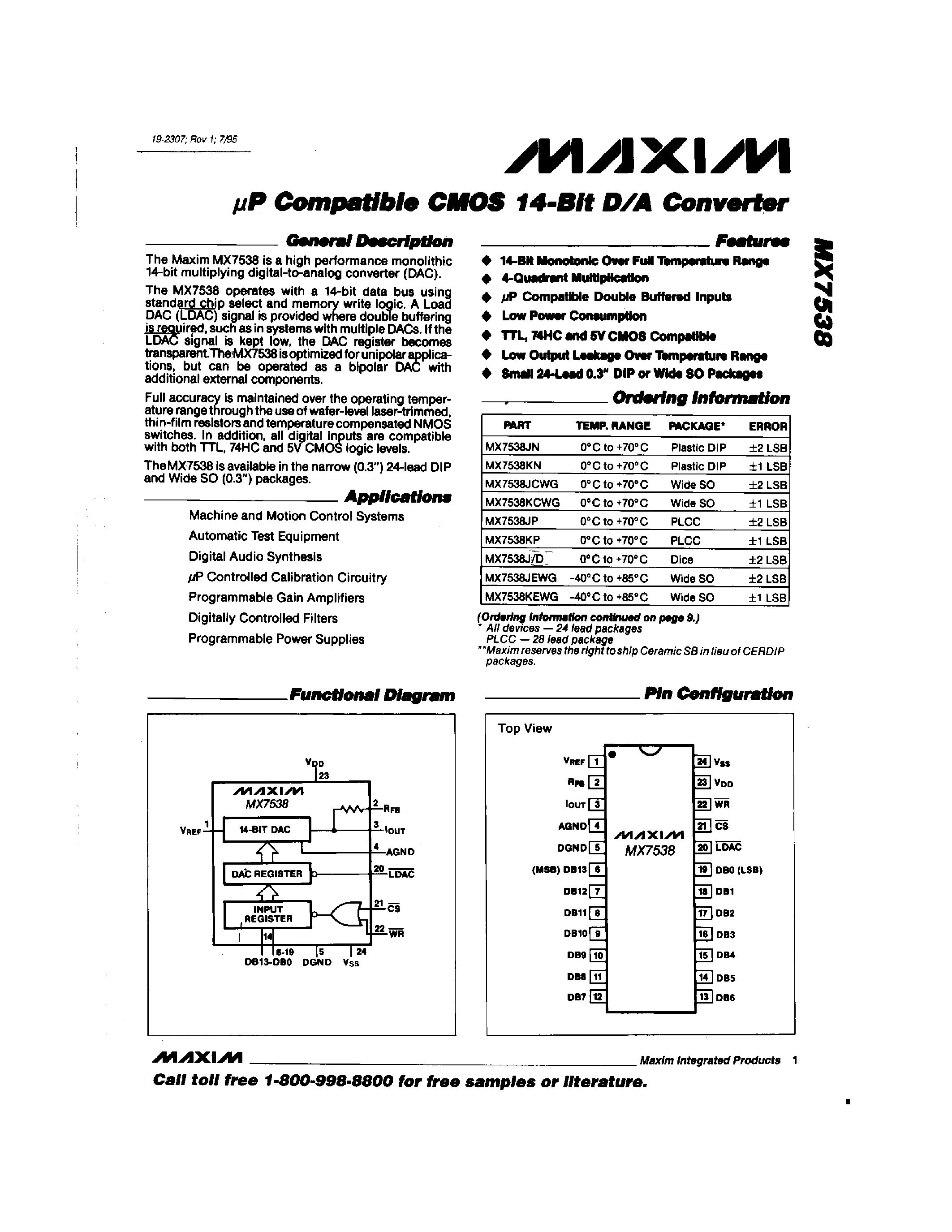 Даташит MX7538 - P Compatible CMOS 14-Bit D/A Converter страница 1