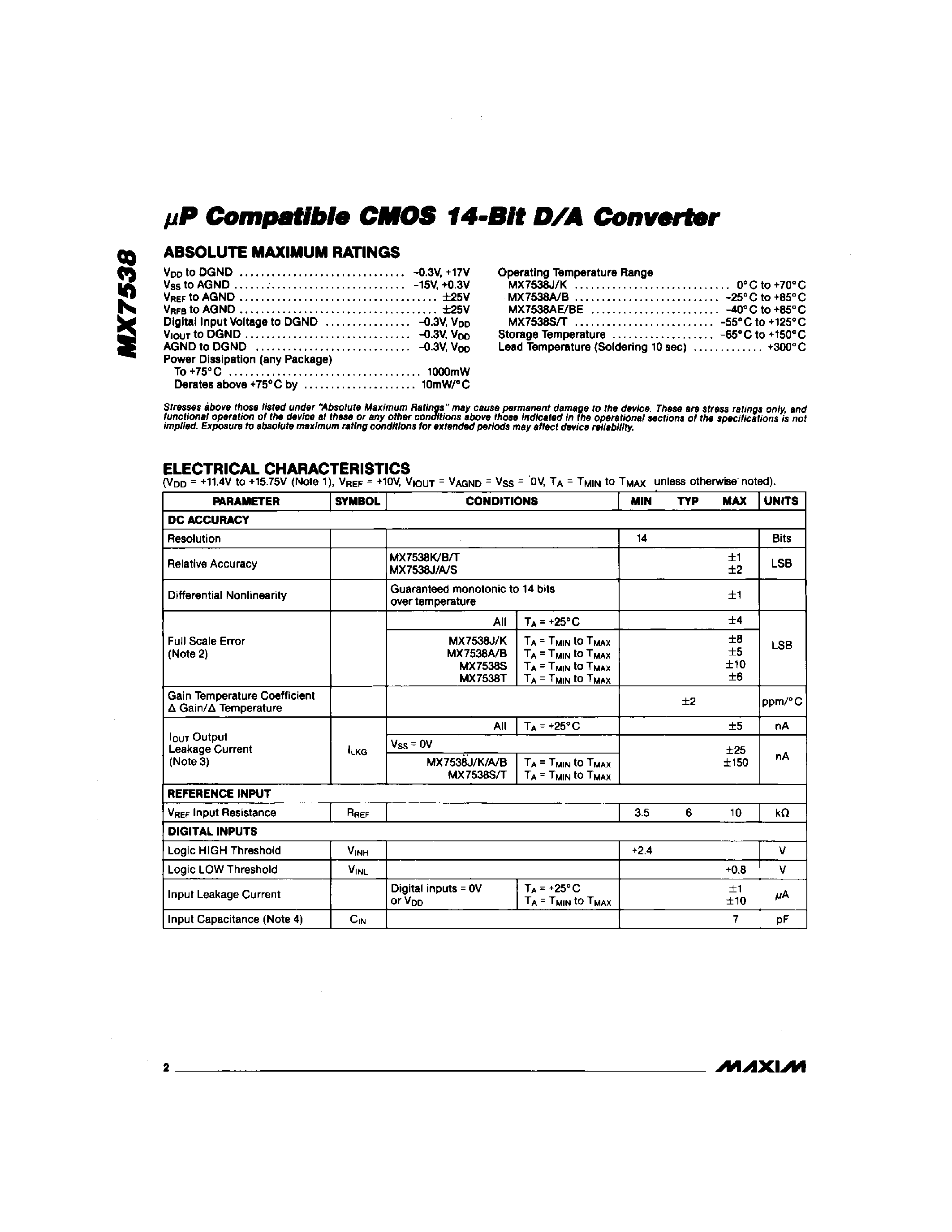 Даташит MX7538 - P Compatible CMOS 14-Bit D/A Converter страница 2