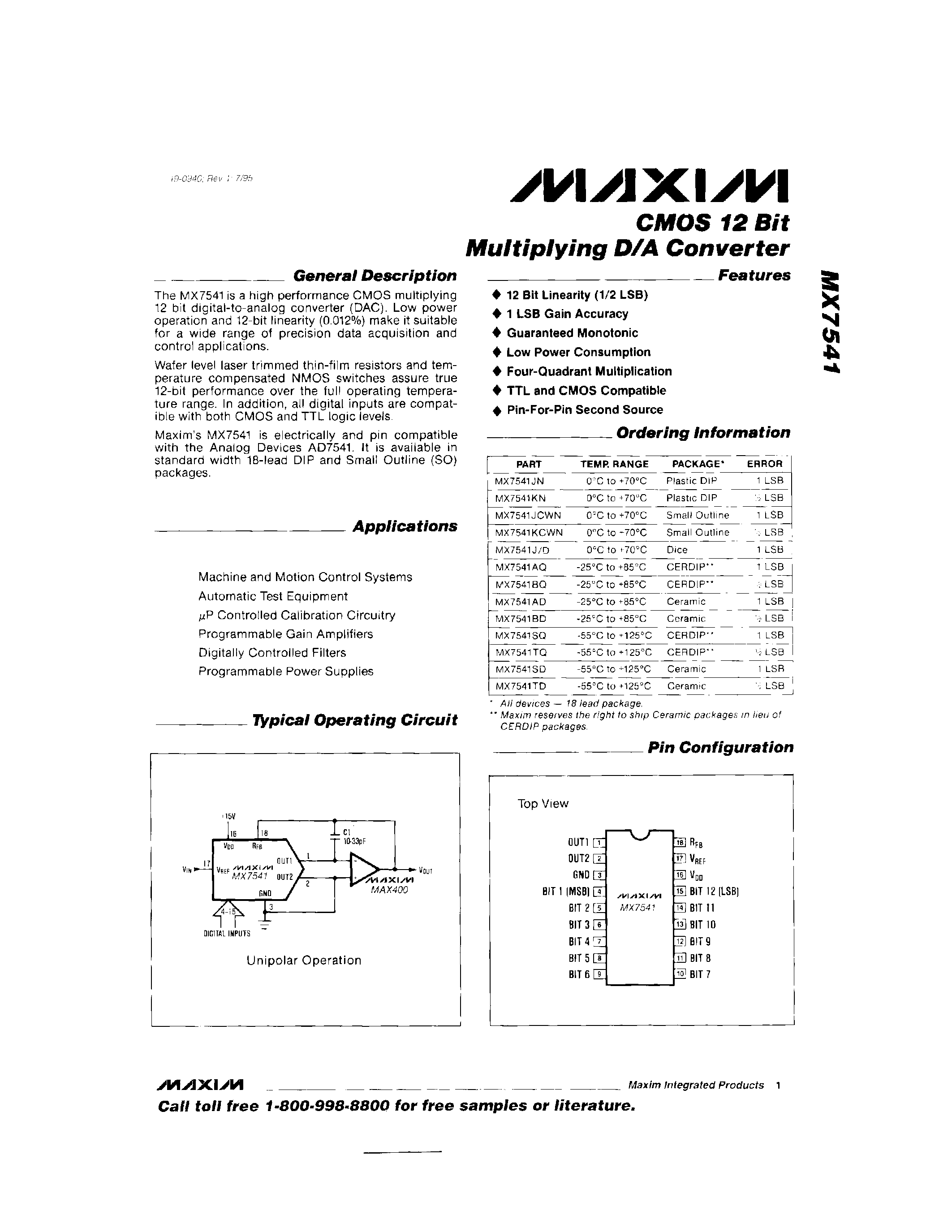 Даташит на микросхему MX7541 страница 1 Даташит MX7541 - CMOS 12 Bit Multiplying D/A Converter страница 1