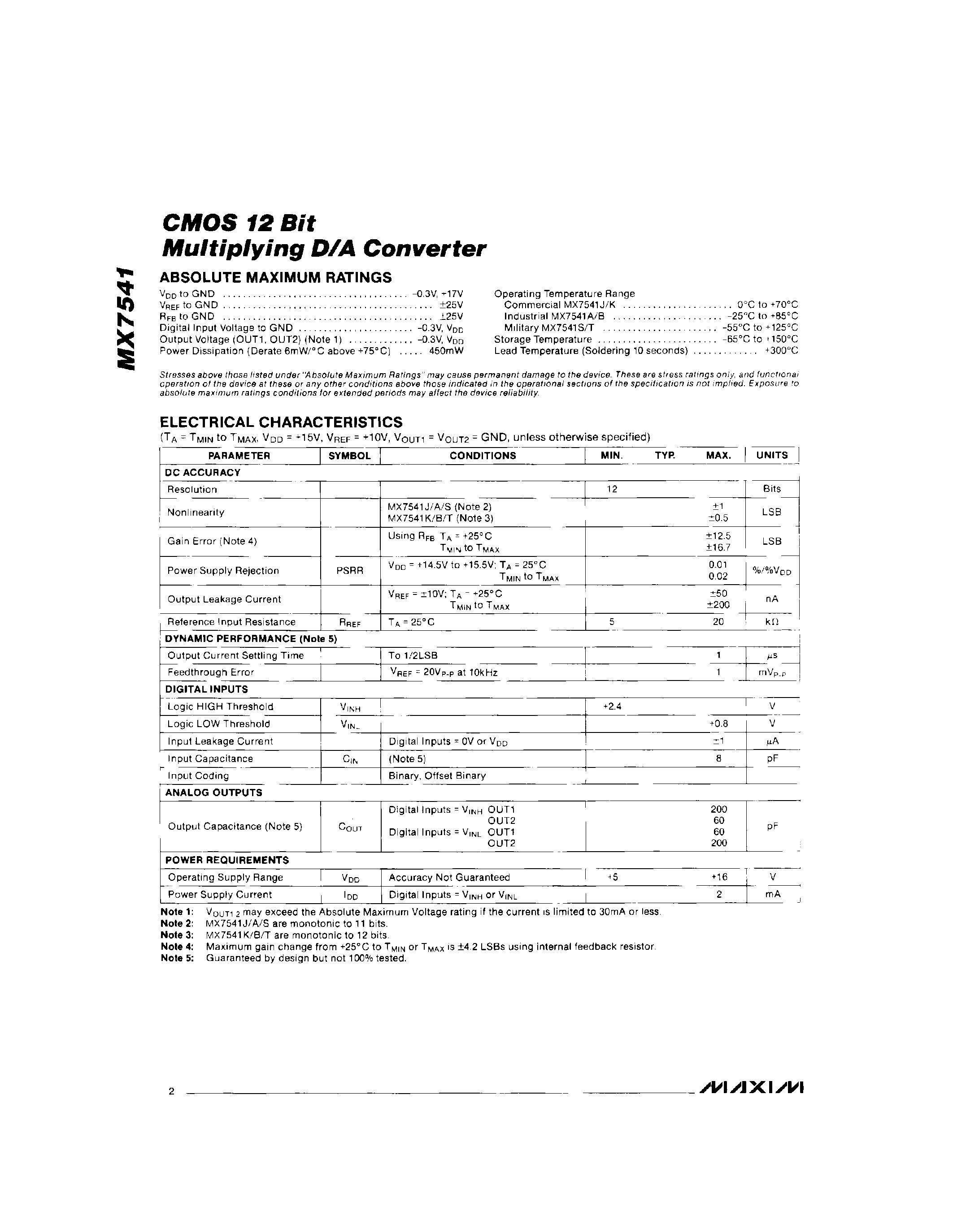 Даташит на микросхему MX7541 страница 2 Даташит MX7541 - CMOS 12 Bit Multiplying D/A Converter страница 2