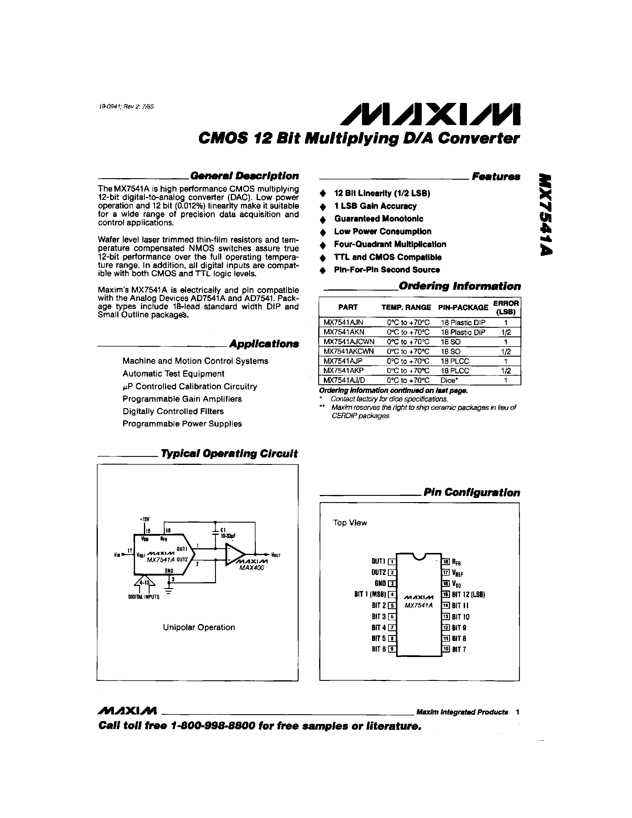 Даташит на микросхему MX7541A страница 1 Даташит MX7541A - CMOS 12 Bit Multiplying D/A Converter страница 1