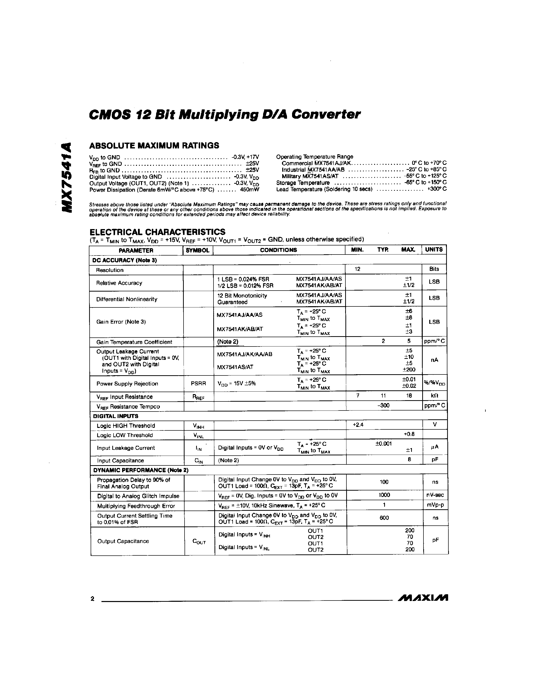 Даташит на микросхему MX7541A страница 2 Даташит MX7541A - CMOS 12 Bit Multiplying D/A Converter страница 2