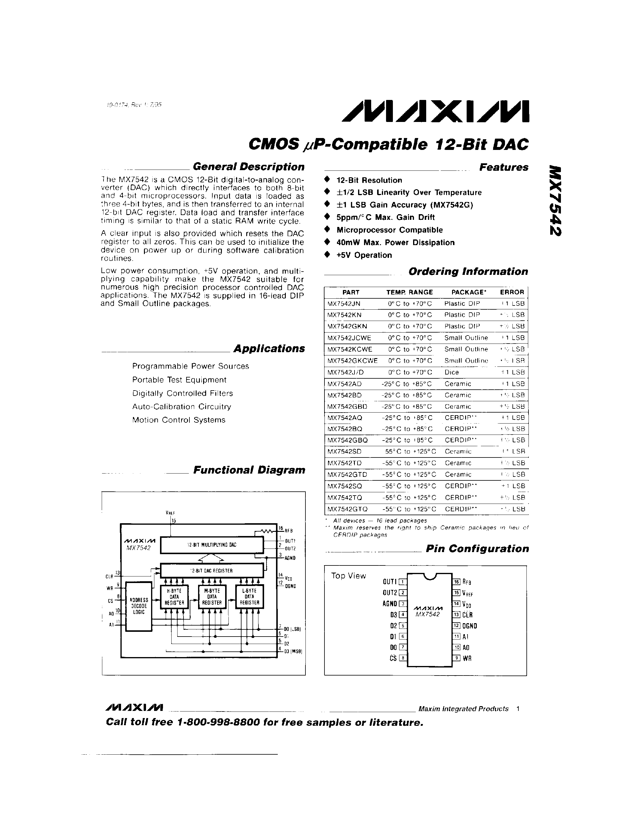 Даташит MX7542 - CMOS P-Compatible 12-Bit DAC страница 1