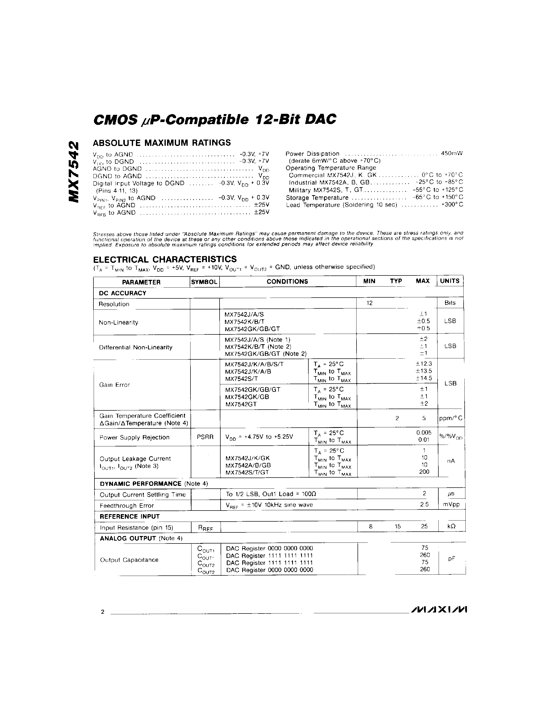 Даташит MX7542 - CMOS P-Compatible 12-Bit DAC страница 2