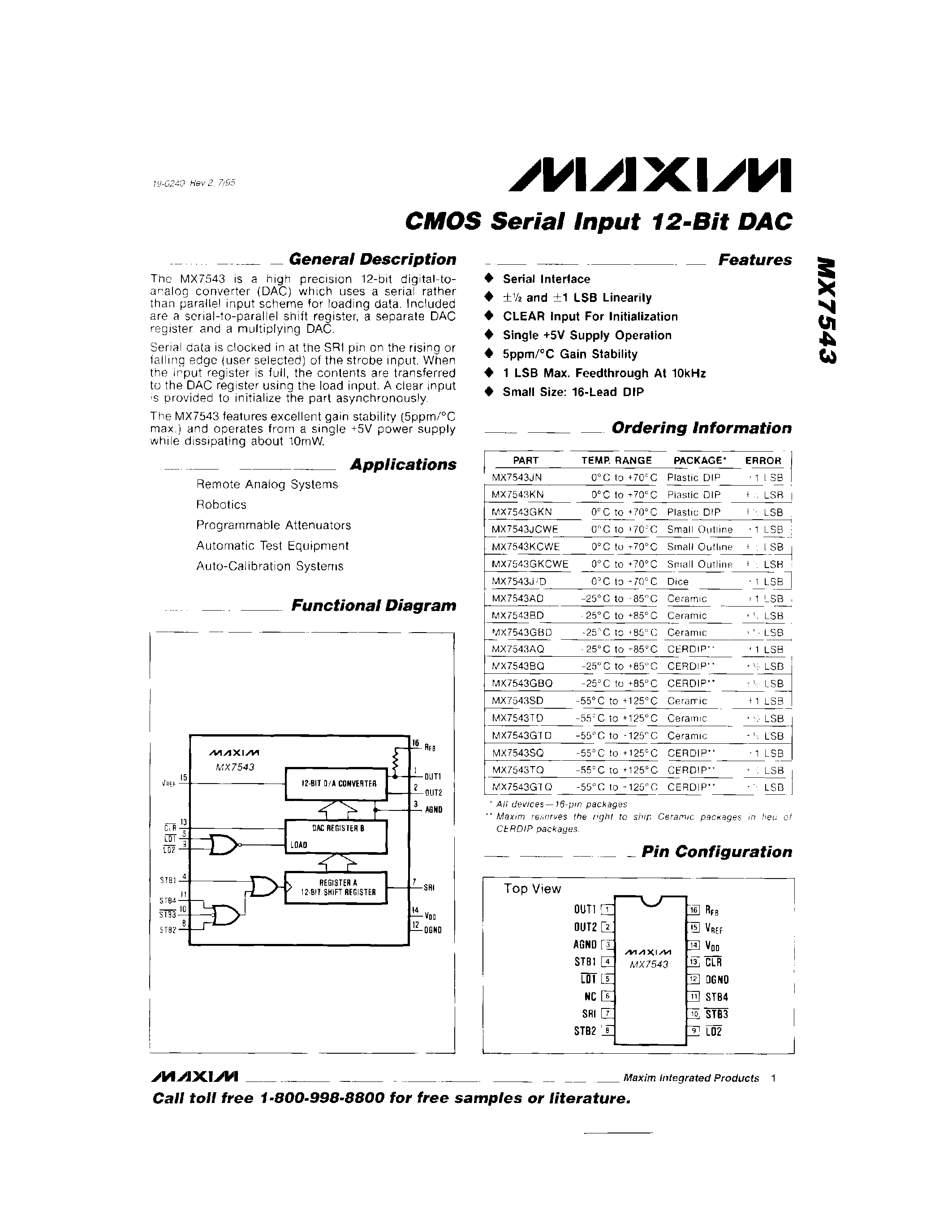 Datasheet MX7543 - CMOS Serial Input 12-Bit DAC page 1