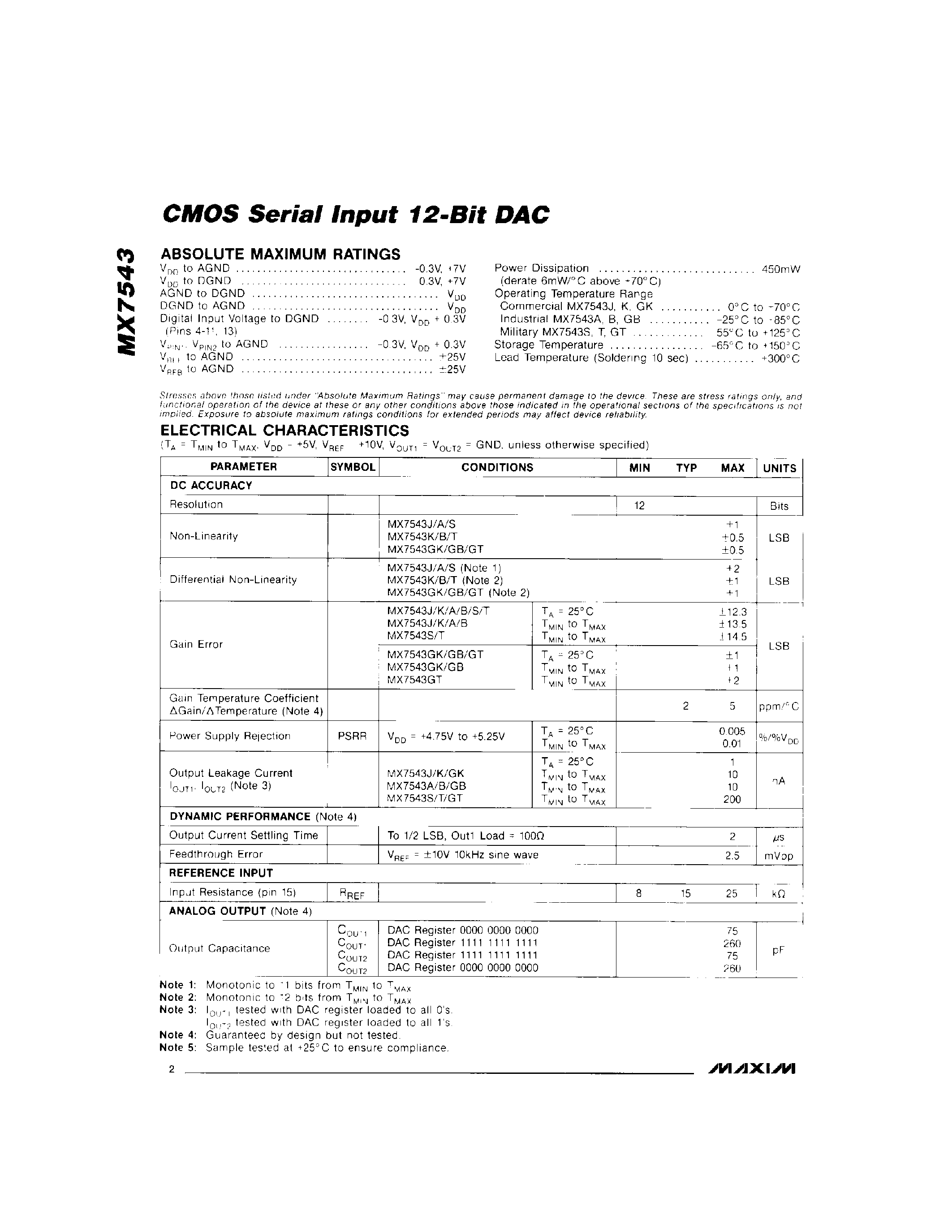 Datasheet MX7543 - CMOS Serial Input 12-Bit DAC page 2