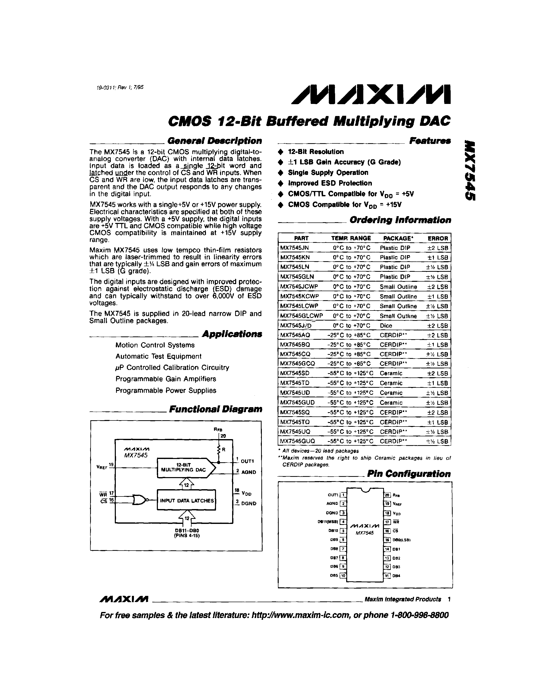 Datasheet MX7545 - CMOS 12-Bit Buffered Multiplying DAC page 1