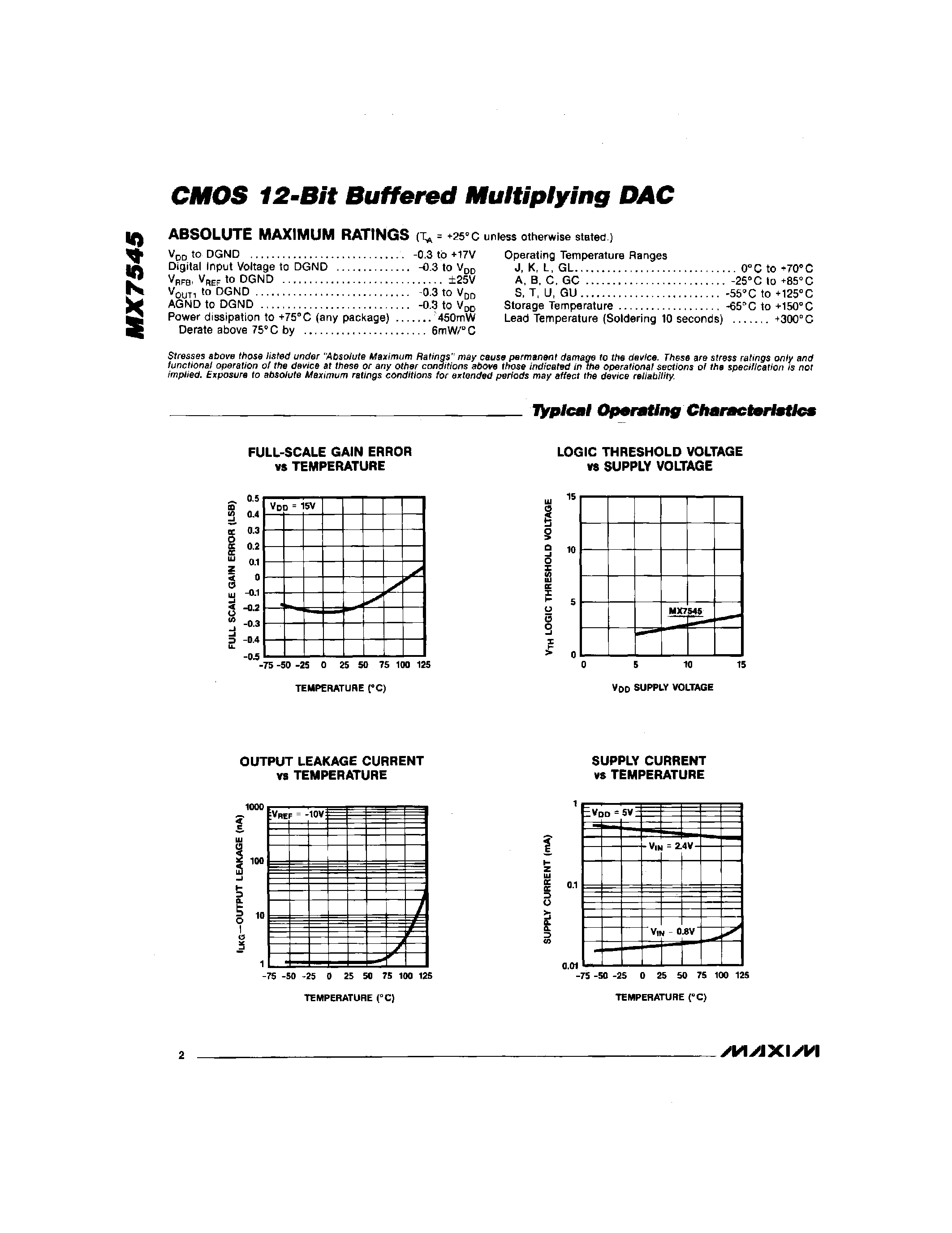 Datasheet MX7545 - CMOS 12-Bit Buffered Multiplying DAC page 2