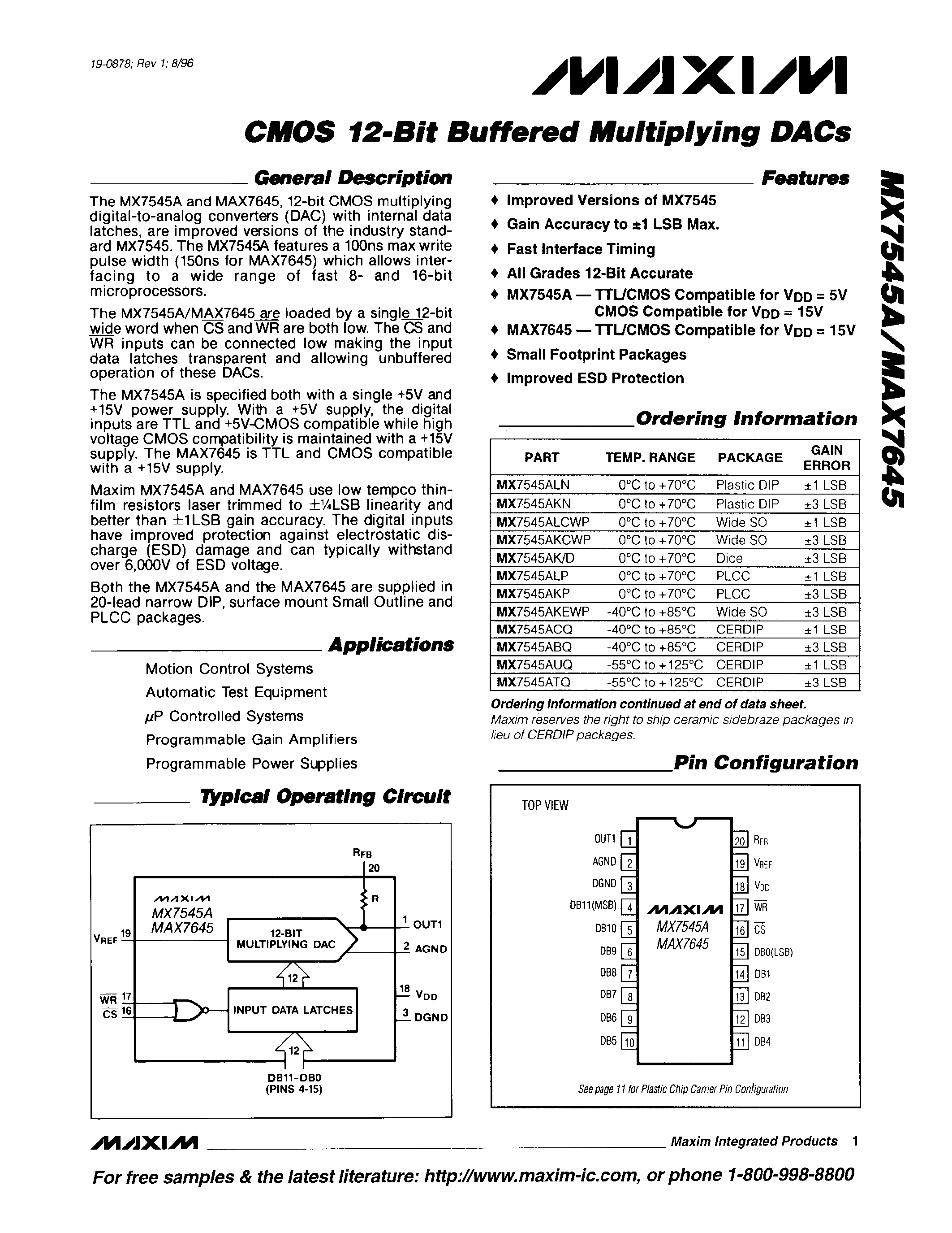 Даташит MX7545A - CMOS 12-Bit Buffered Multiplying DACs страница 1