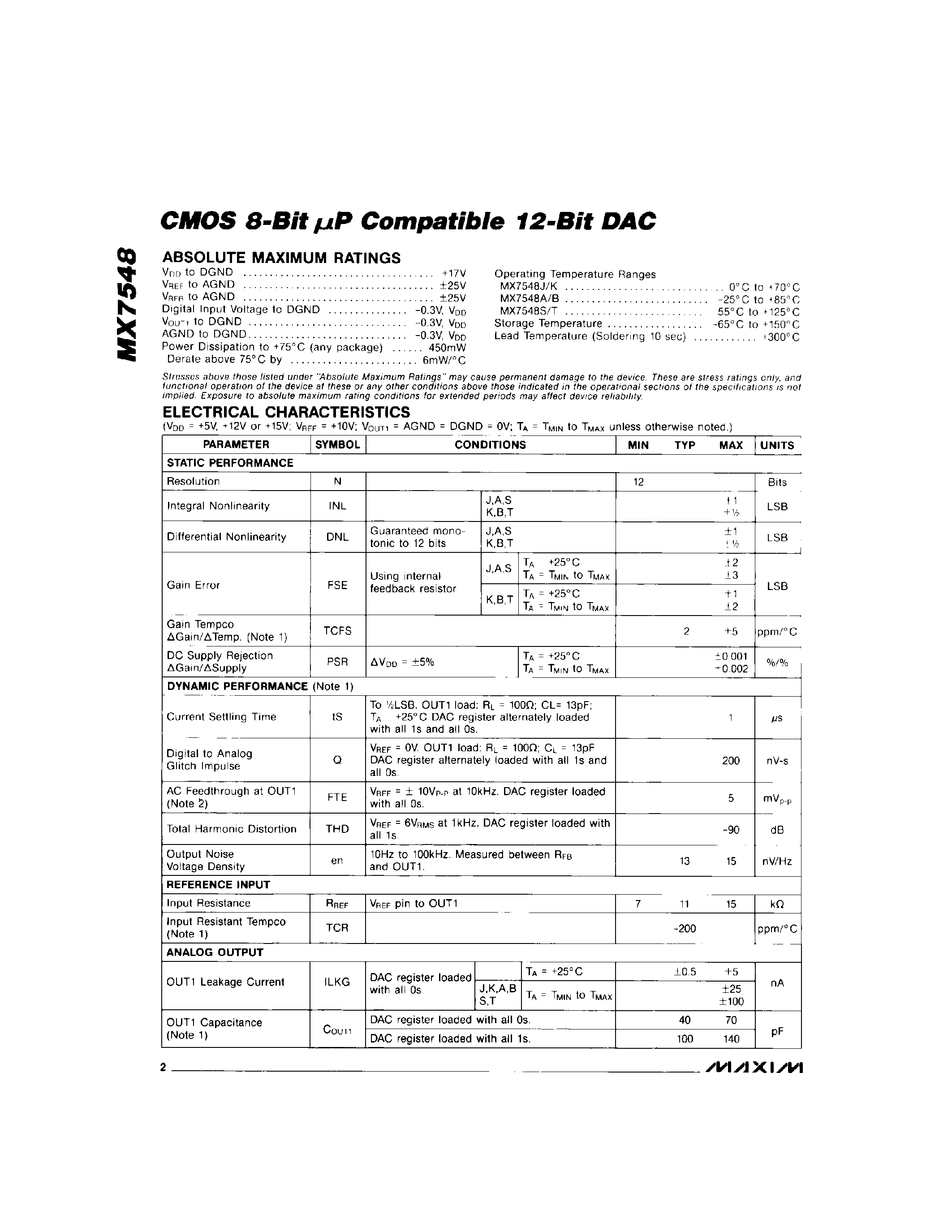 Даташит MX7548 - CMOS 8-Bit P Compatible 12-Bit DAC страница 2