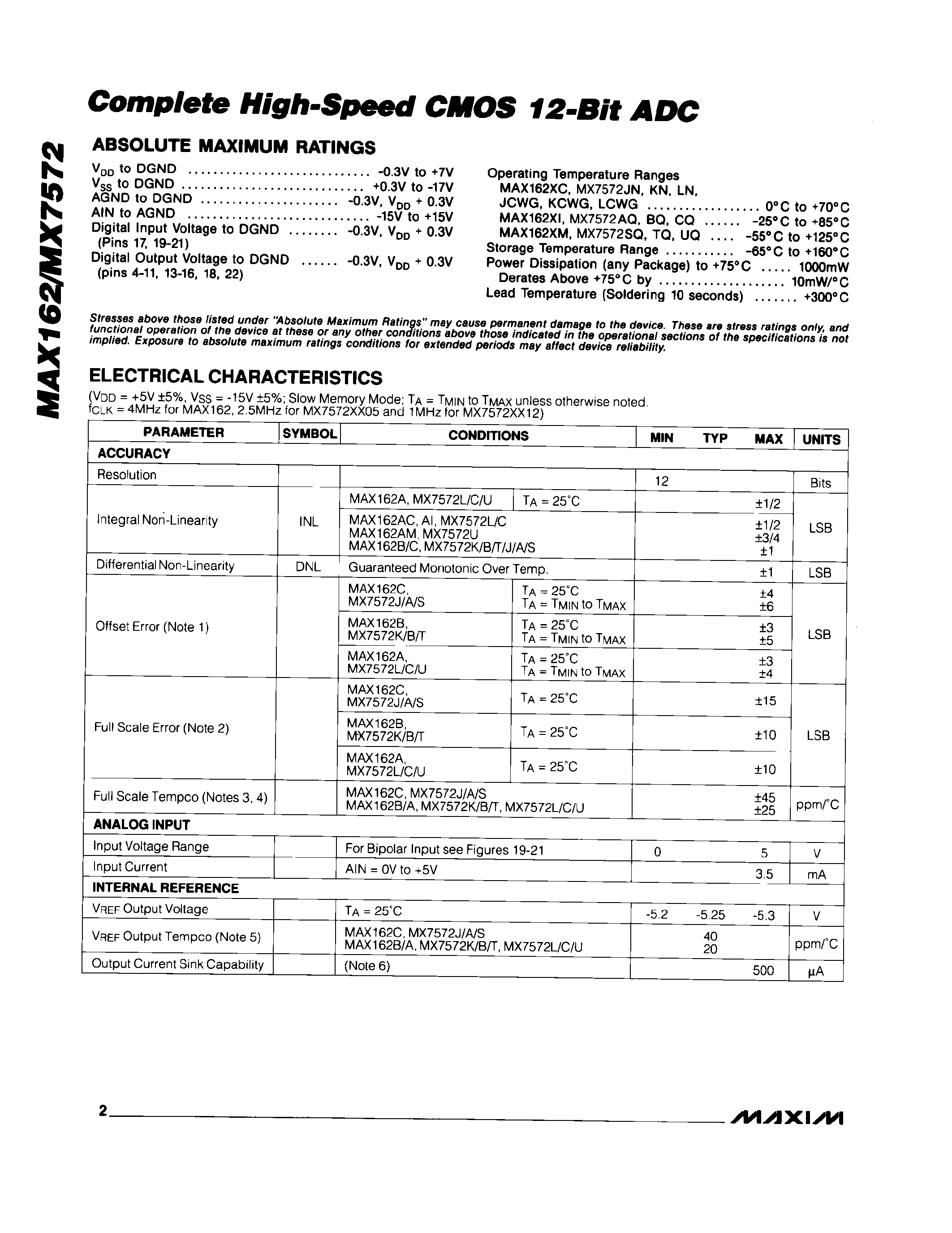 Datasheet MX7572 - Complete High-Speed CMOS 12-Bit ADC page 2